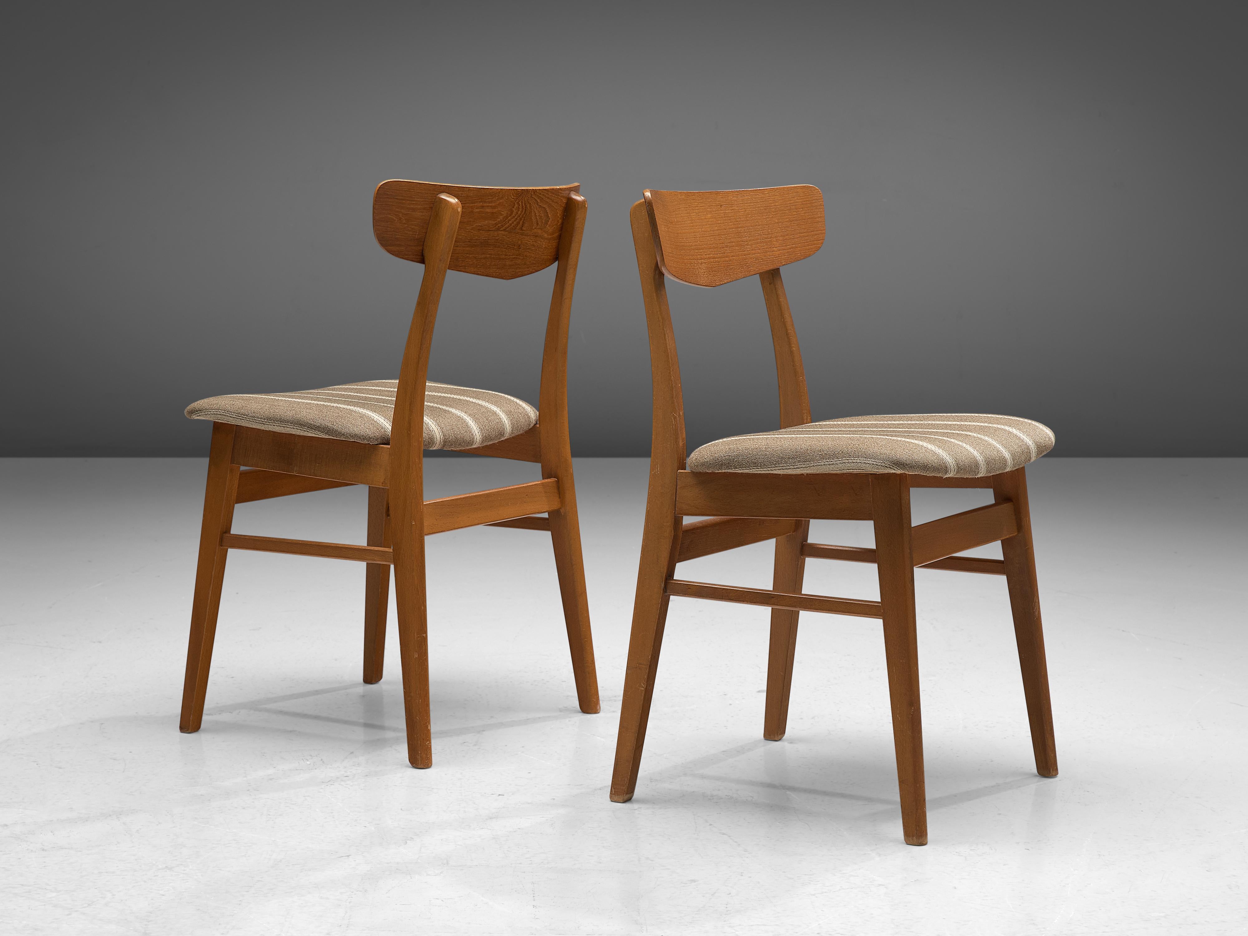 Dining chairs in teak, Denmark, 1960s

These well made Danish dining chairs have a convincing appearance and a construction typical for Danish style furniture in the 1960s, showing resemblance to the work of Hans J. Wegner. The design is