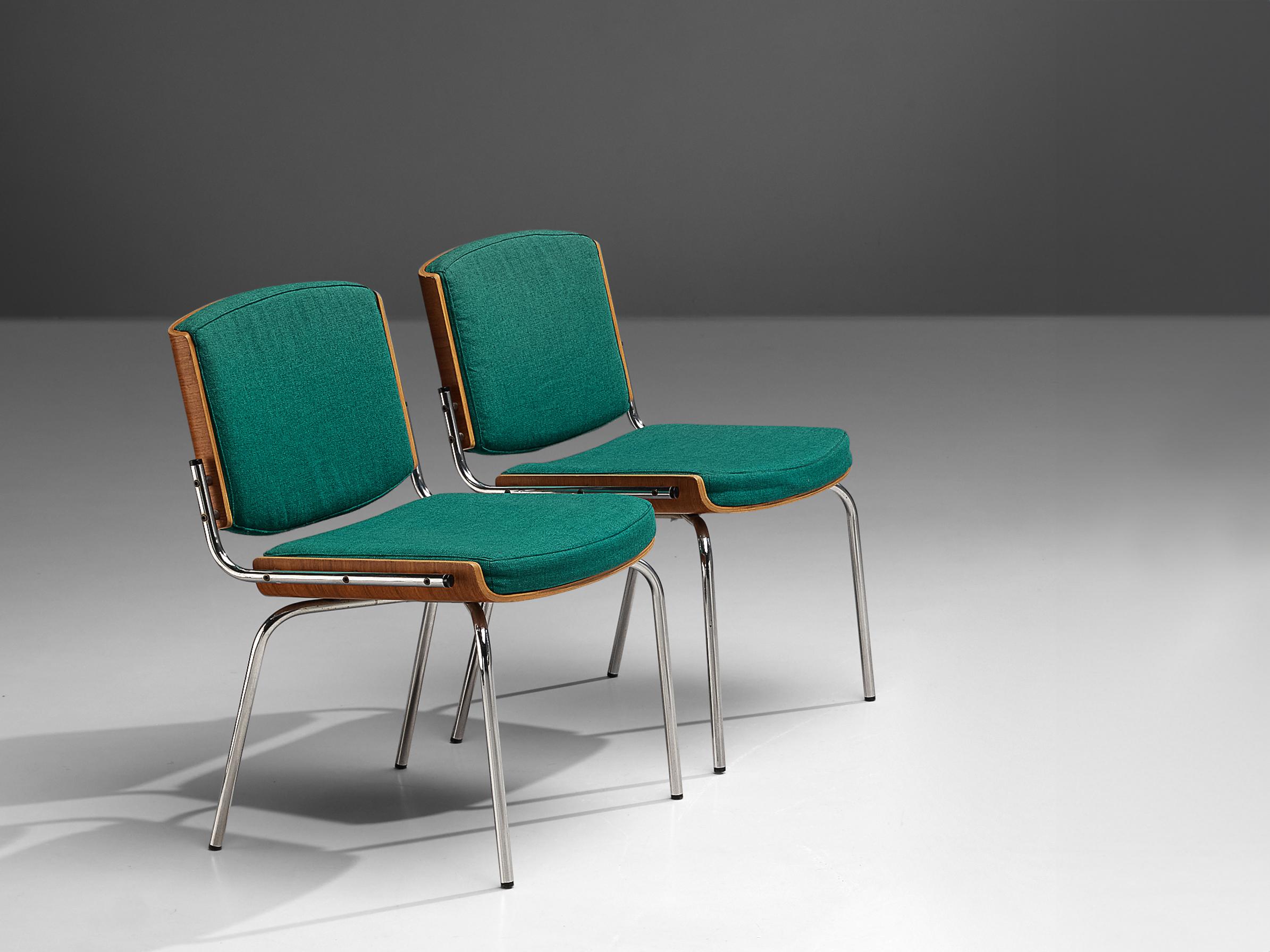 Duba, dining chairs, teak plywood, fabric, chrome-plated steel, Denmark, 1970s

Pair of Danish chairs manufactured by Duba. The design features a striking combination of materials and textures. The back of the backrest and frame of the seat are made