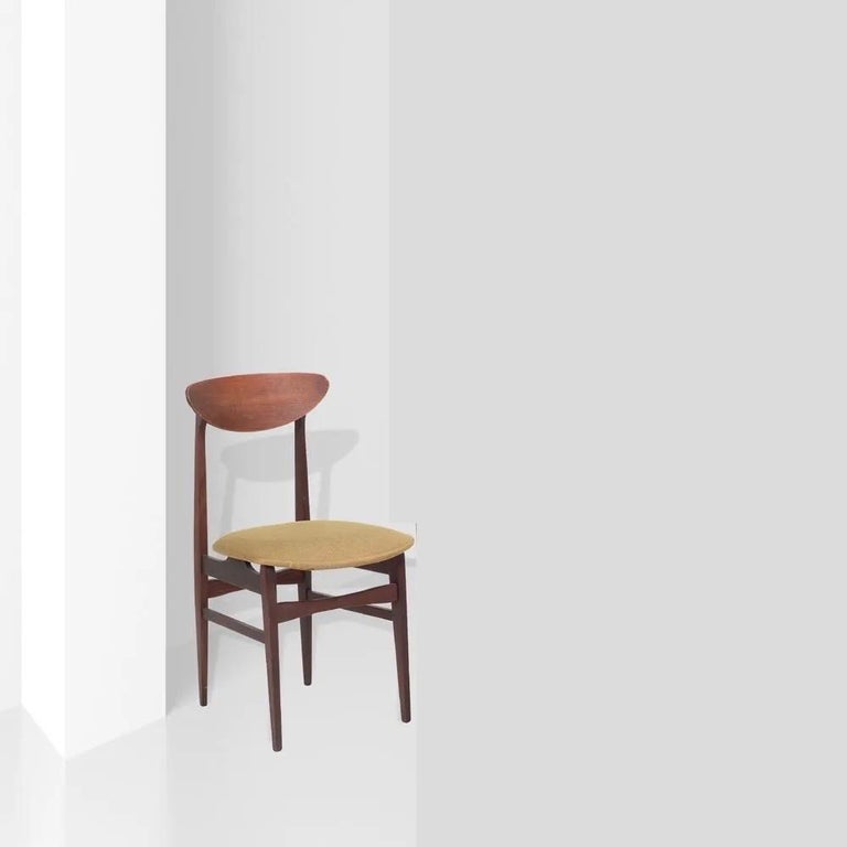 Teak Danish dining chairs, set of 6.

Tan cotton/wool fabric, needs reupholstery. 