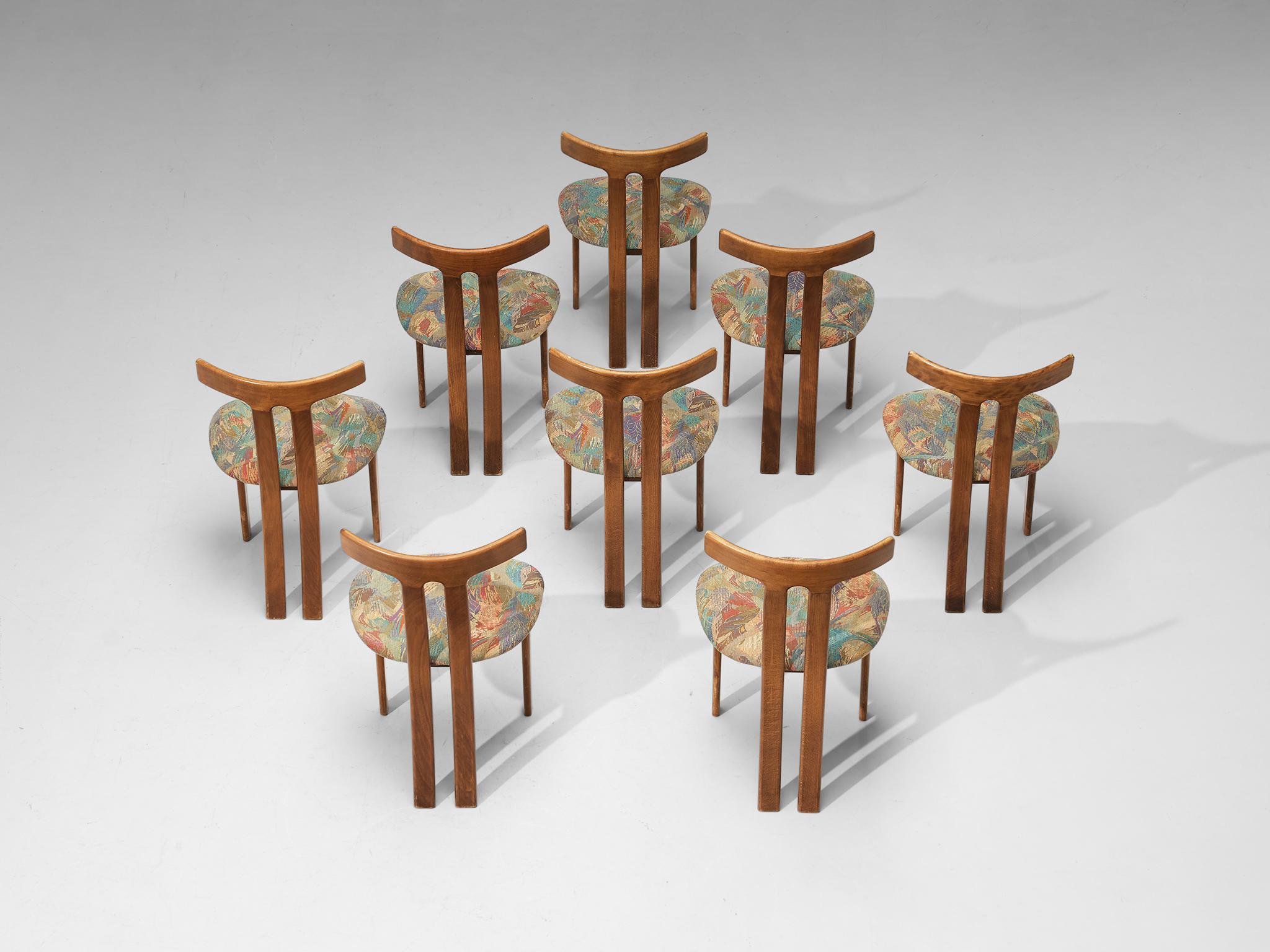 Set of 8 Danish Dining Chairs with Organic Wood Frames and Fabric Upholstery 7