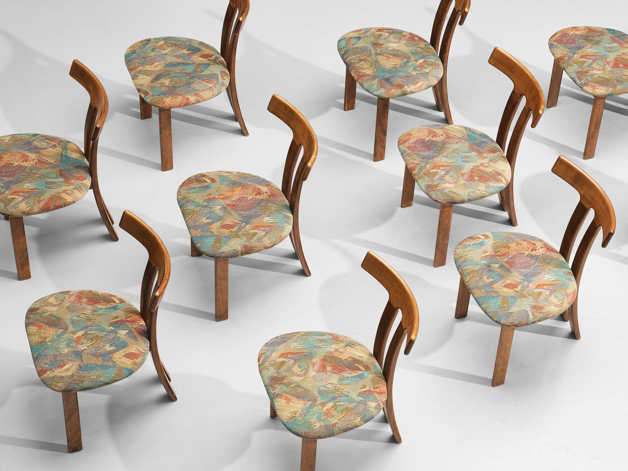 Scandinavian Modern Set of 8 Danish Dining Chairs with Organic Wood Frames and Fabric Upholstery