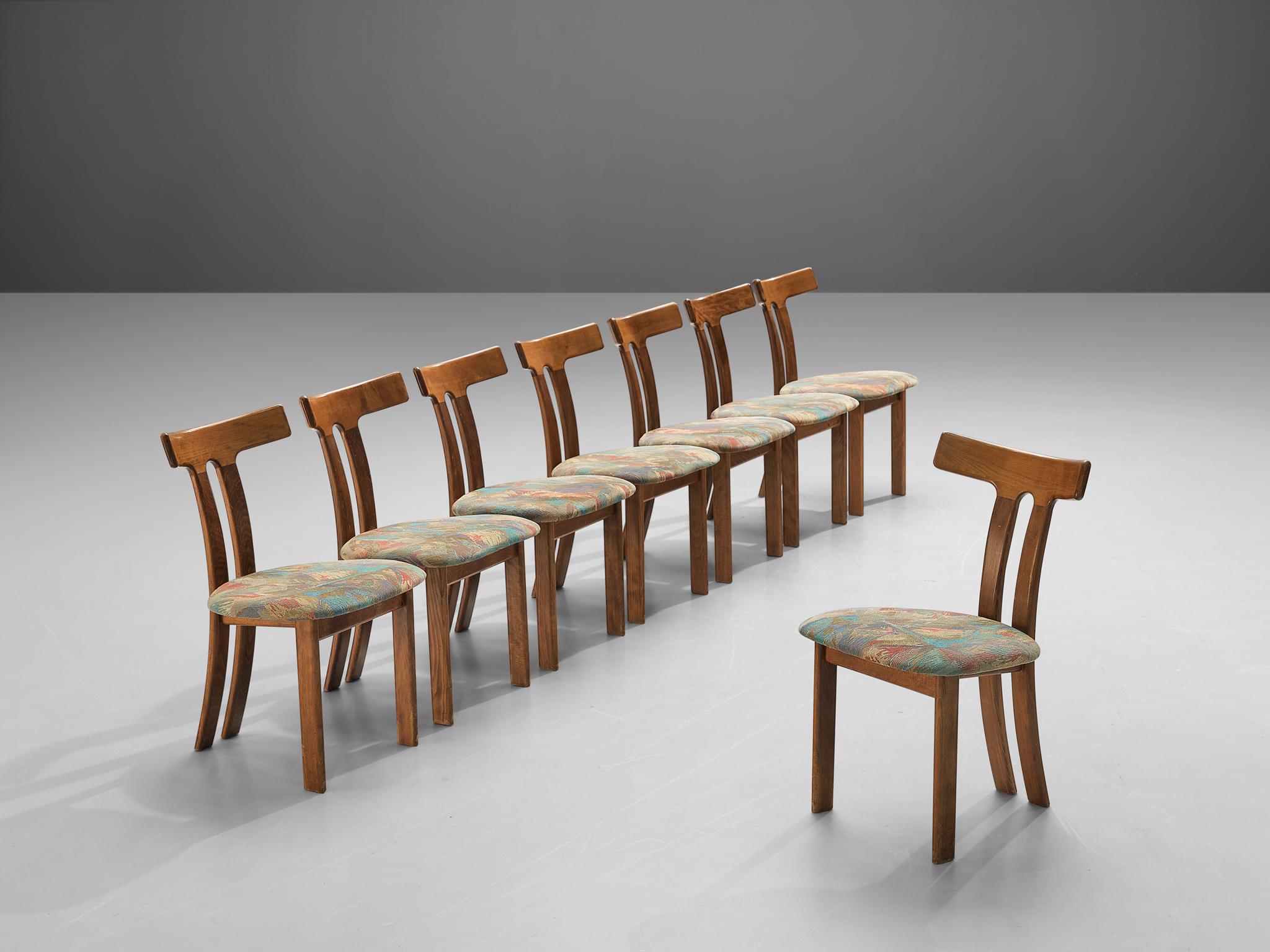 Mid-20th Century Set of 8 Danish Dining Chairs with Organic Wood Frames and Fabric Upholstery
