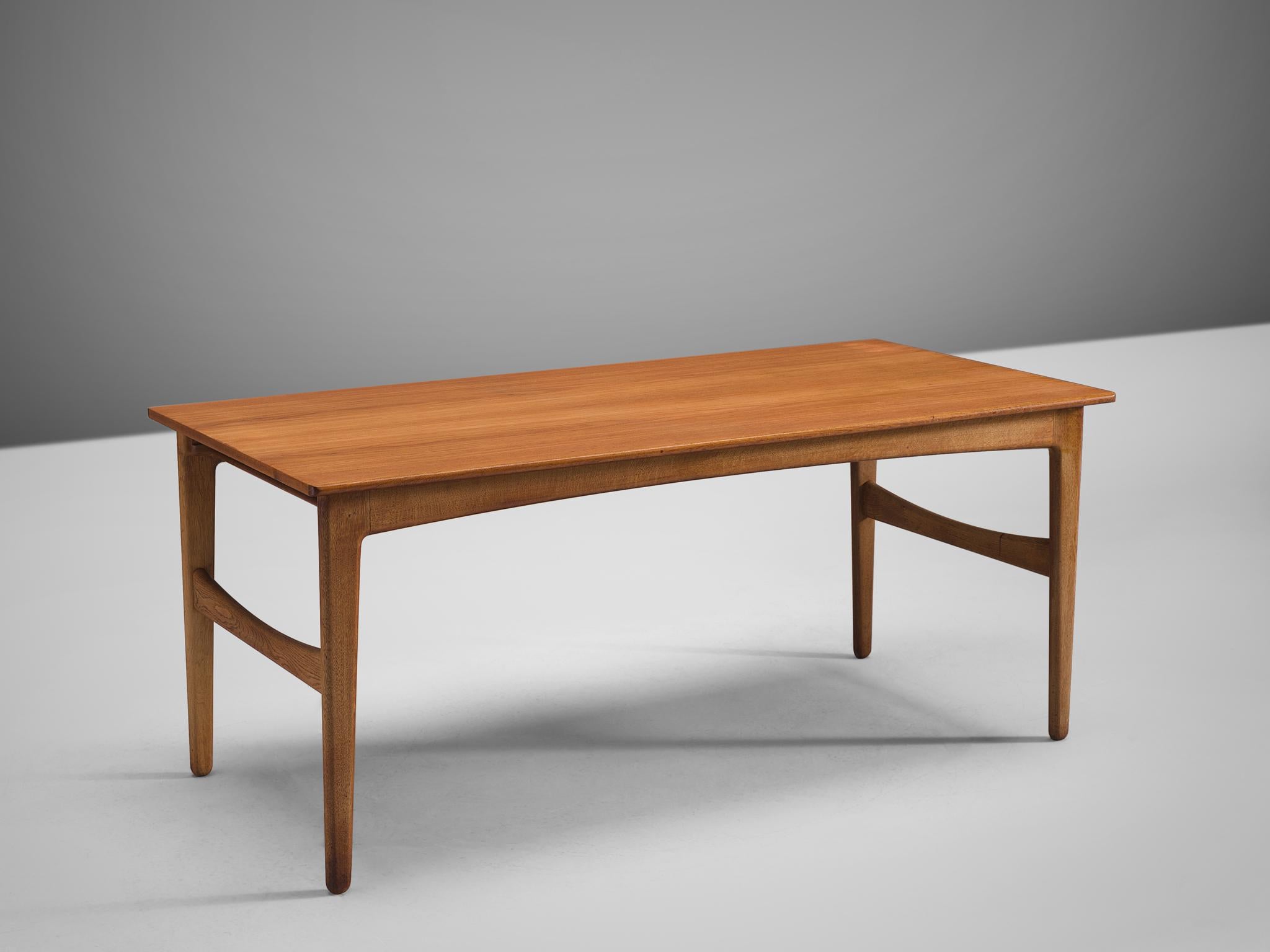 Dining table, teak and oak, Denmark, 1950s

This table is executed with a teak top and an oak frame. The grain and flames in the teak tabletop give this modest table a very warm appearance. The table features a sculptural carved frame with