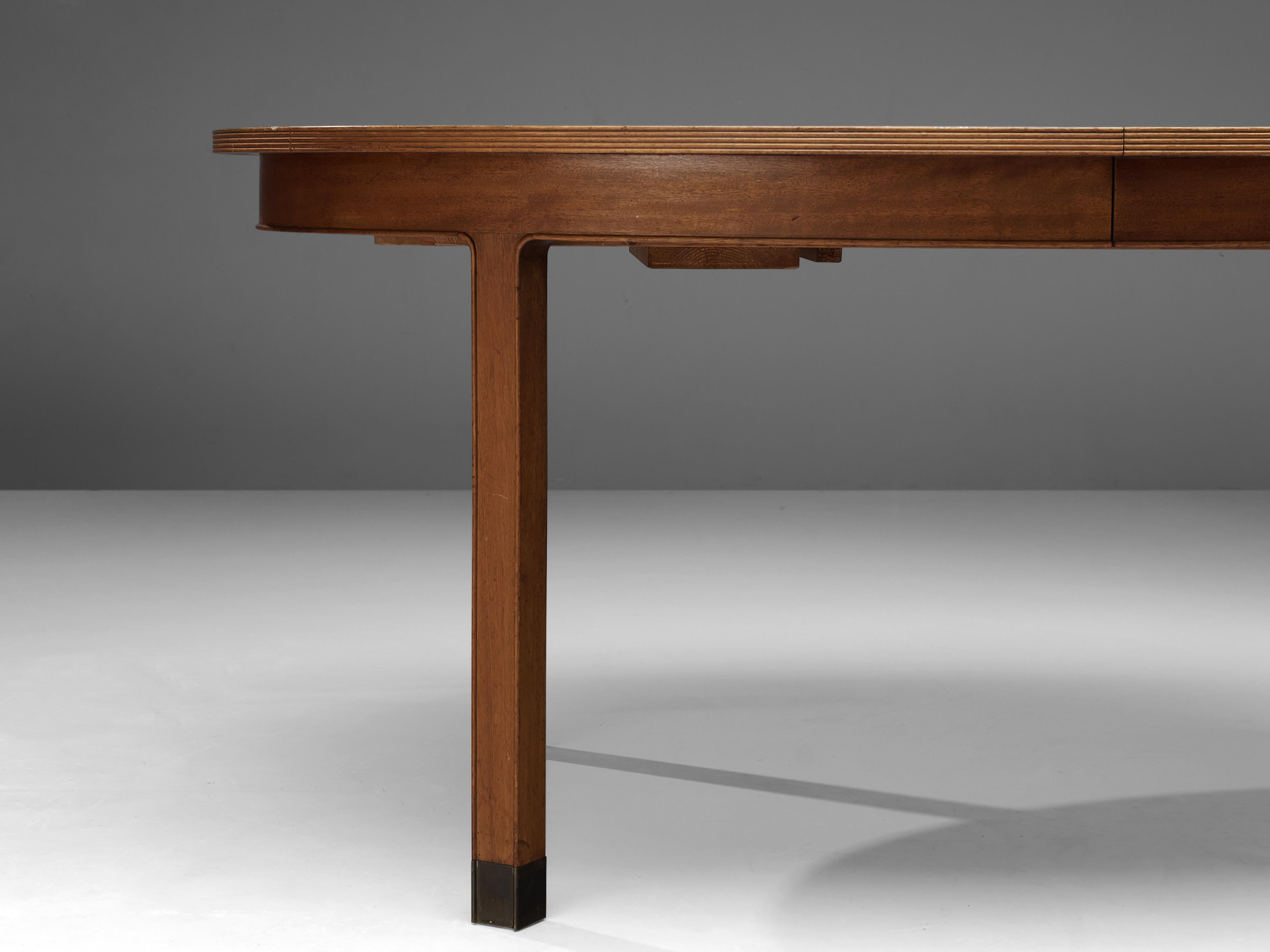 Mid-20th Century Danish Dining Table in Walnut and Mahogany with Brass Feet