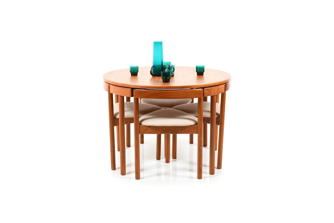 Danish dinner set in teak. Manufactured by A.B.J. Denmark. The dining set consists of a round table with 4 matching chairs. The chairs can be pushed exactly under the tabletop. Produced in the 1980s.
Size: table: 73.5 CM (H), diameter 105.0 cm