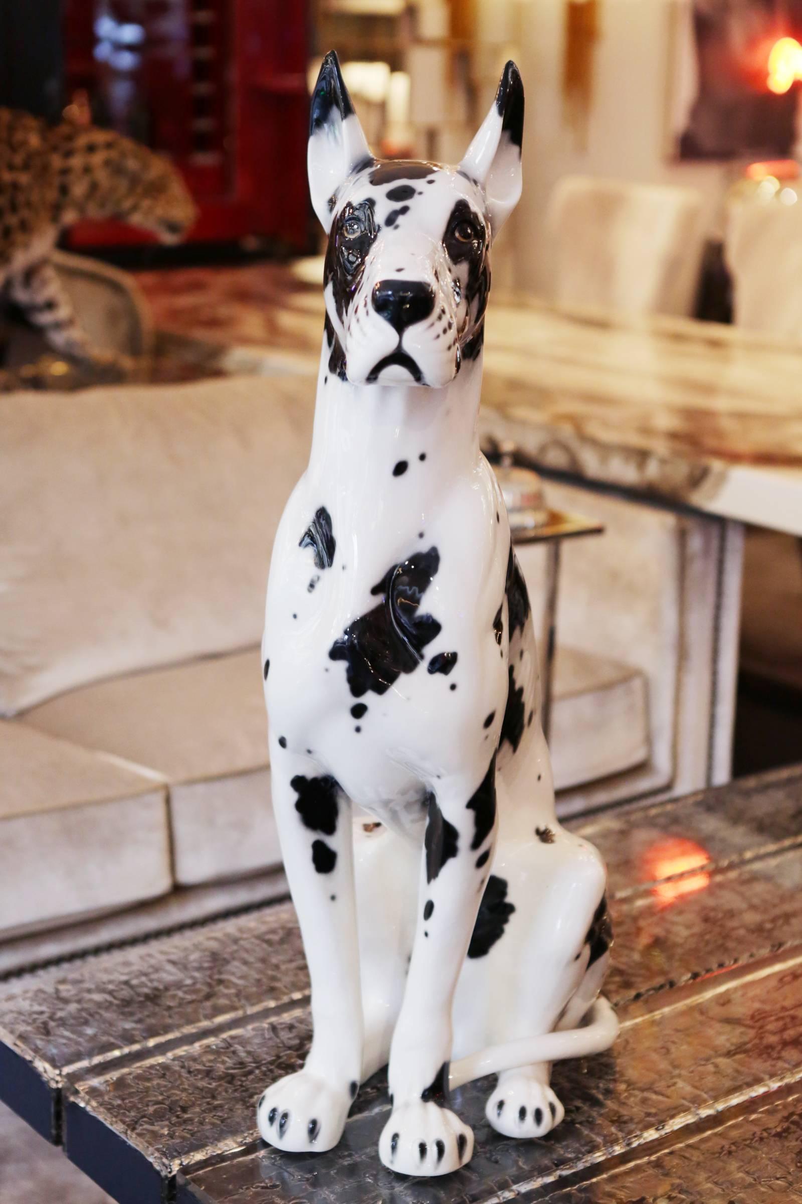 Italian Danish Dog Sculpture in Hand-Painted Ceramic