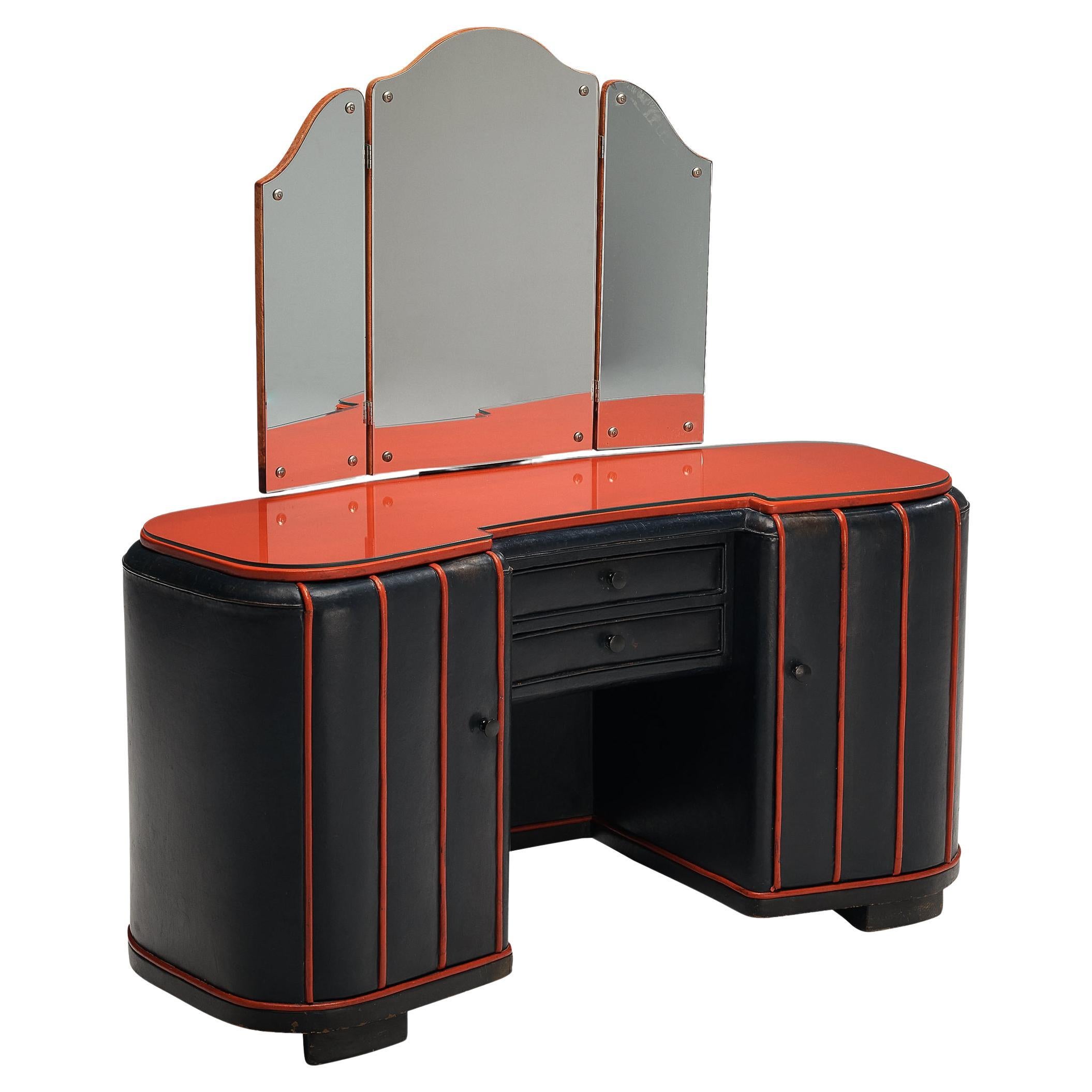 Danish Dressing Table in Navy Blue Leather and Red Lacquered Wood  For Sale