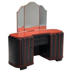 Danish Dressing Table in Navy Blue Leather and Red Lacquered Wood 