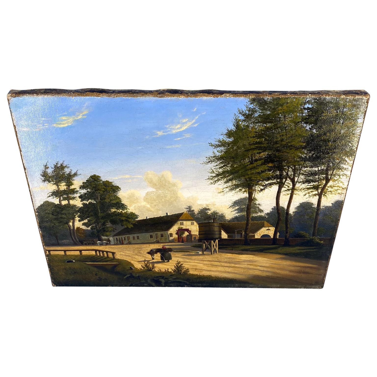 Peinture à l'huile danoise du début du 19e siècle représentant une maison de ferme dans un cadre doré d'époque.