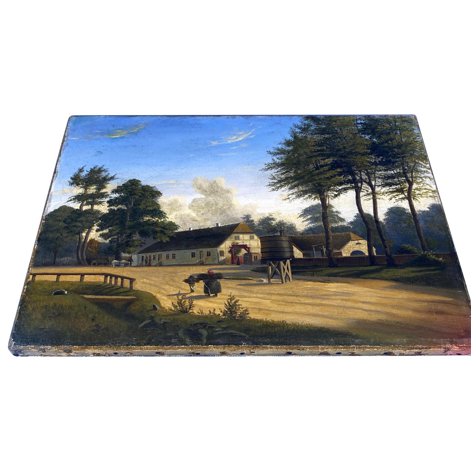 Artisanat Peinture à l'huile danoise du début du 19ème siècle représentant une maison de ferme en vente