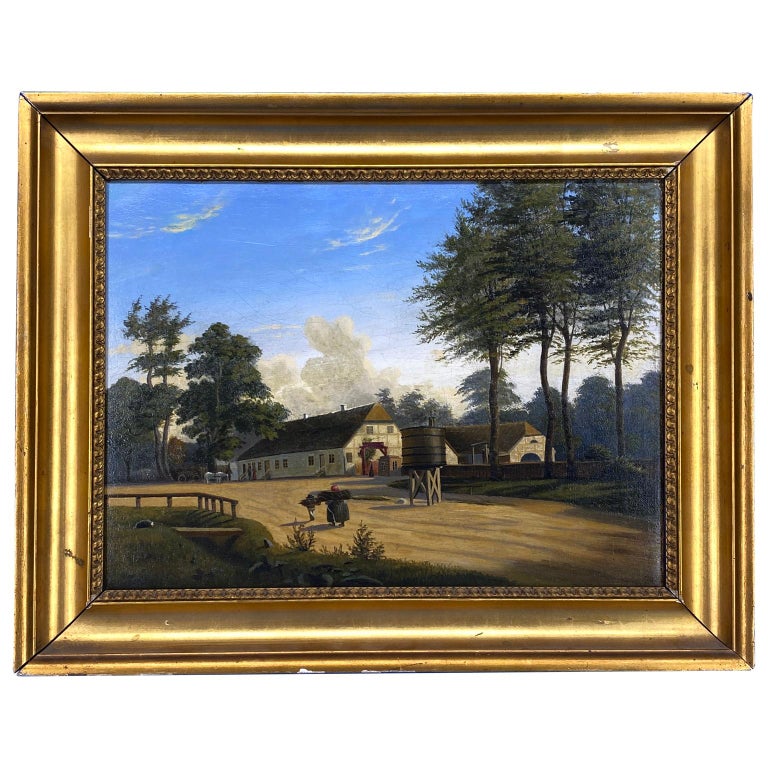 Hand-Crafted Danish Early 19th Century Oil Painting Of A Farm House For Sale