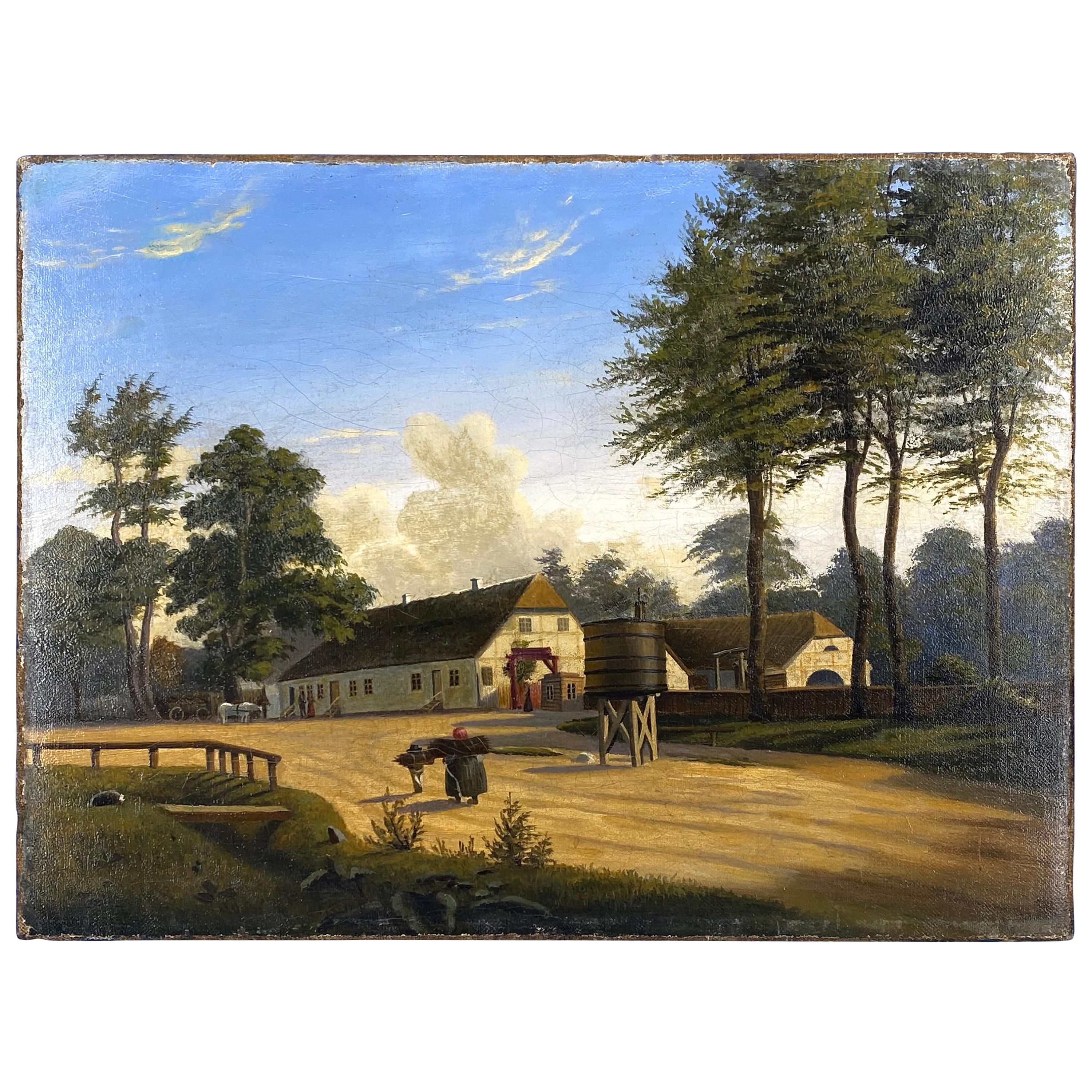 Peinture à l'huile danoise du début du 19ème siècle représentant une maison de ferme