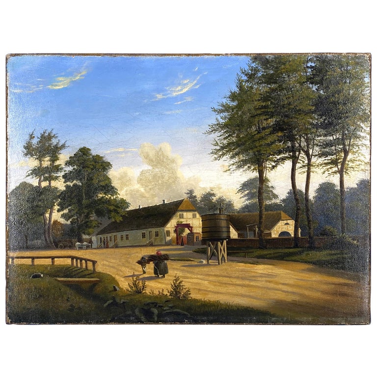 Danish Early 19th Century Oil Painting Of A Farm House For Sale
