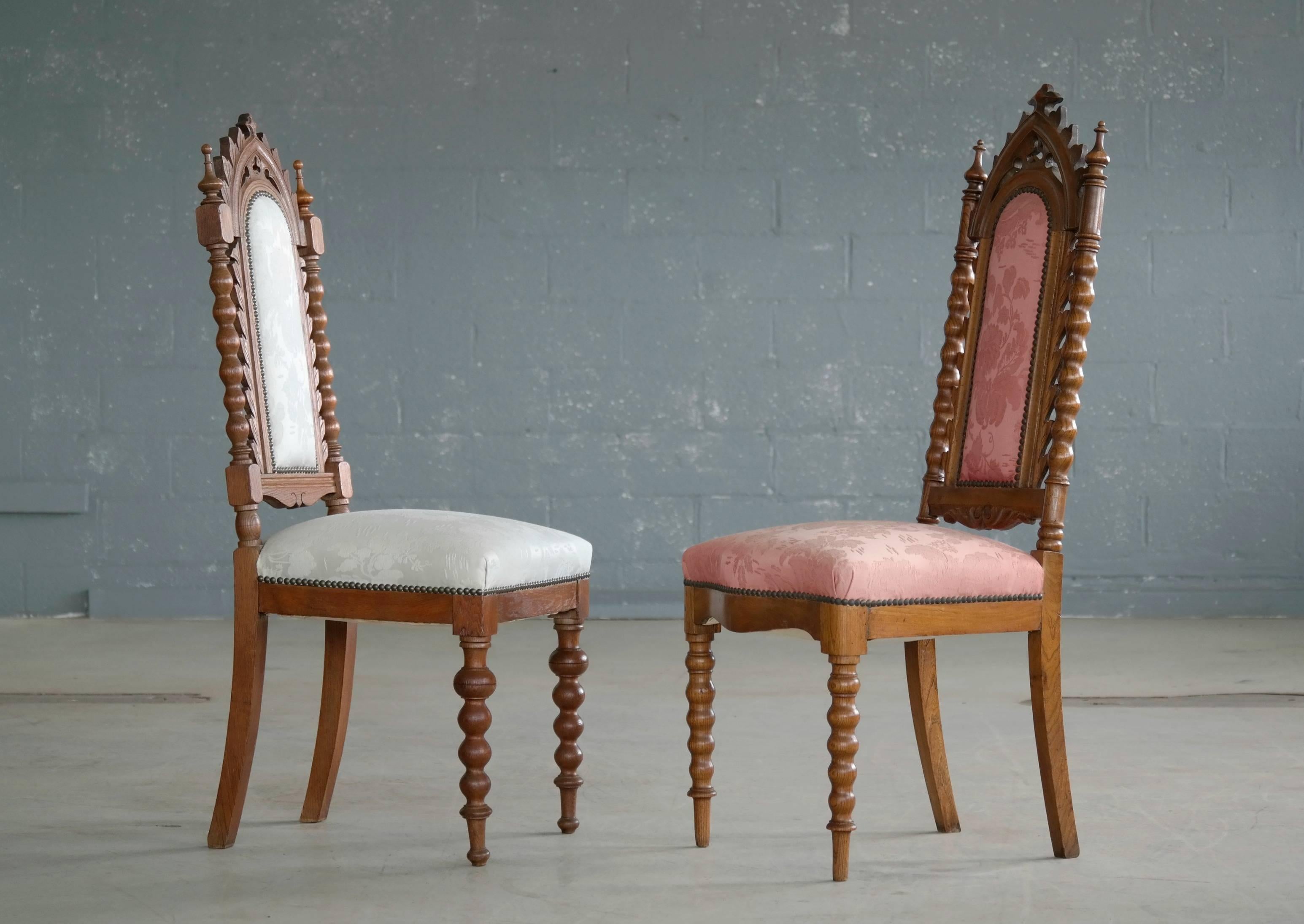 Gothic Revival Danish Early 20th Century Neo-Gothic Style Side Chairs in Carved Polished Oak