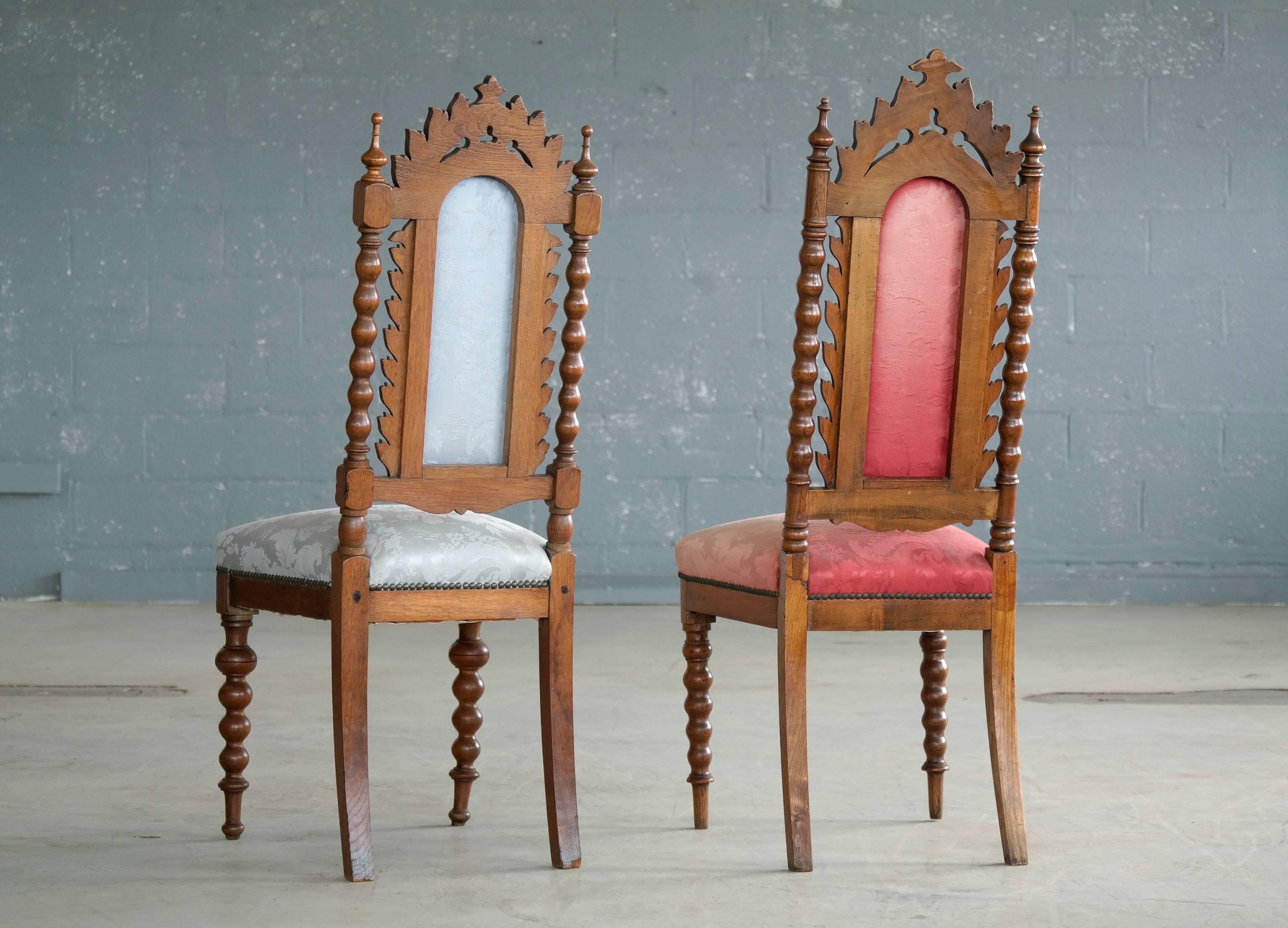 Danish Early 20th Century Neo-Gothic Style Side Chairs in Carved Polished Oak In Good Condition In Bridgeport, CT