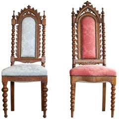 Antique Danish Early 20th Century Neo-Gothic Style Side Chairs in Carved Polished Oak