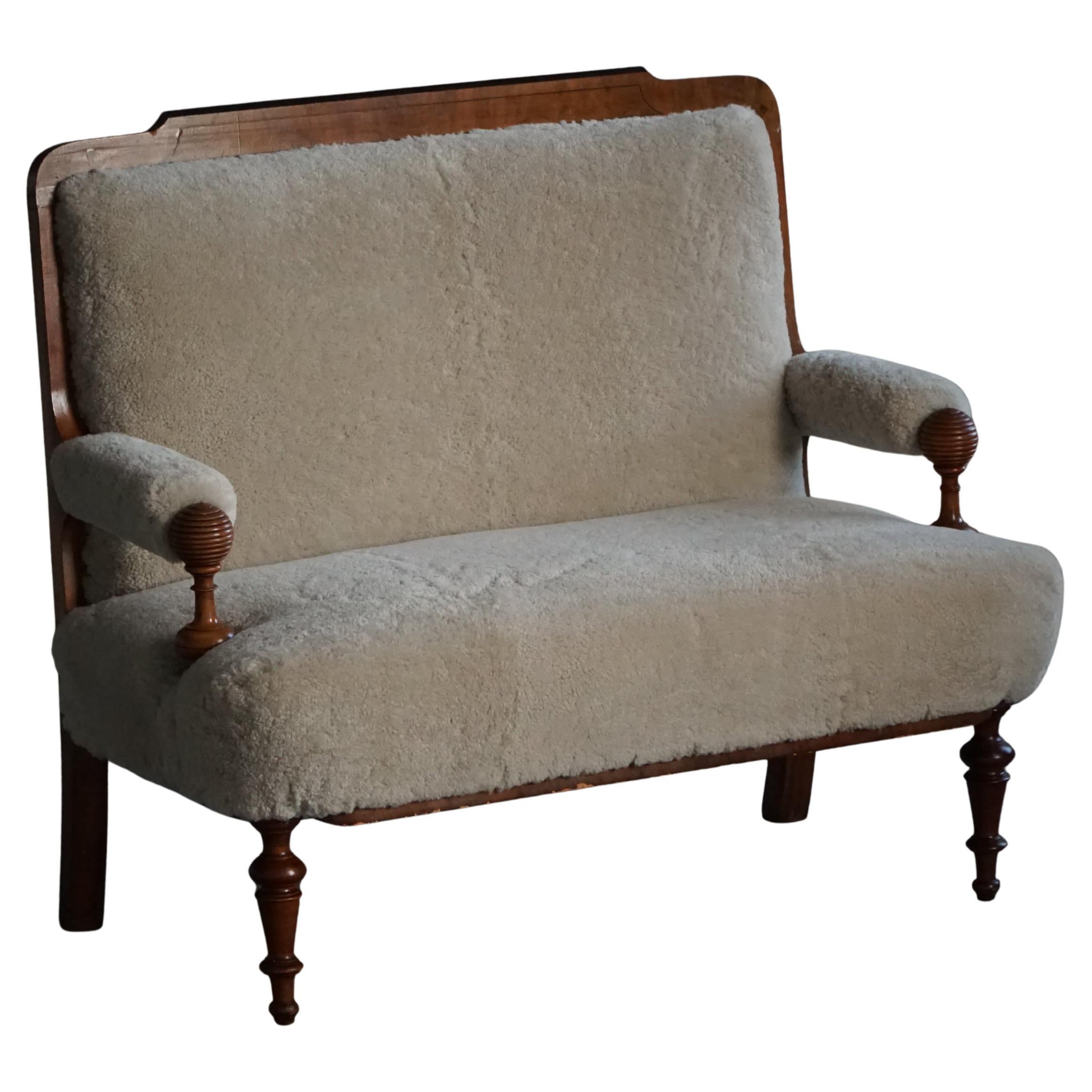 Danish Early 20th Century Two Seater Seater in Shearling Lambswool 
Wood, 1930s For Sale
