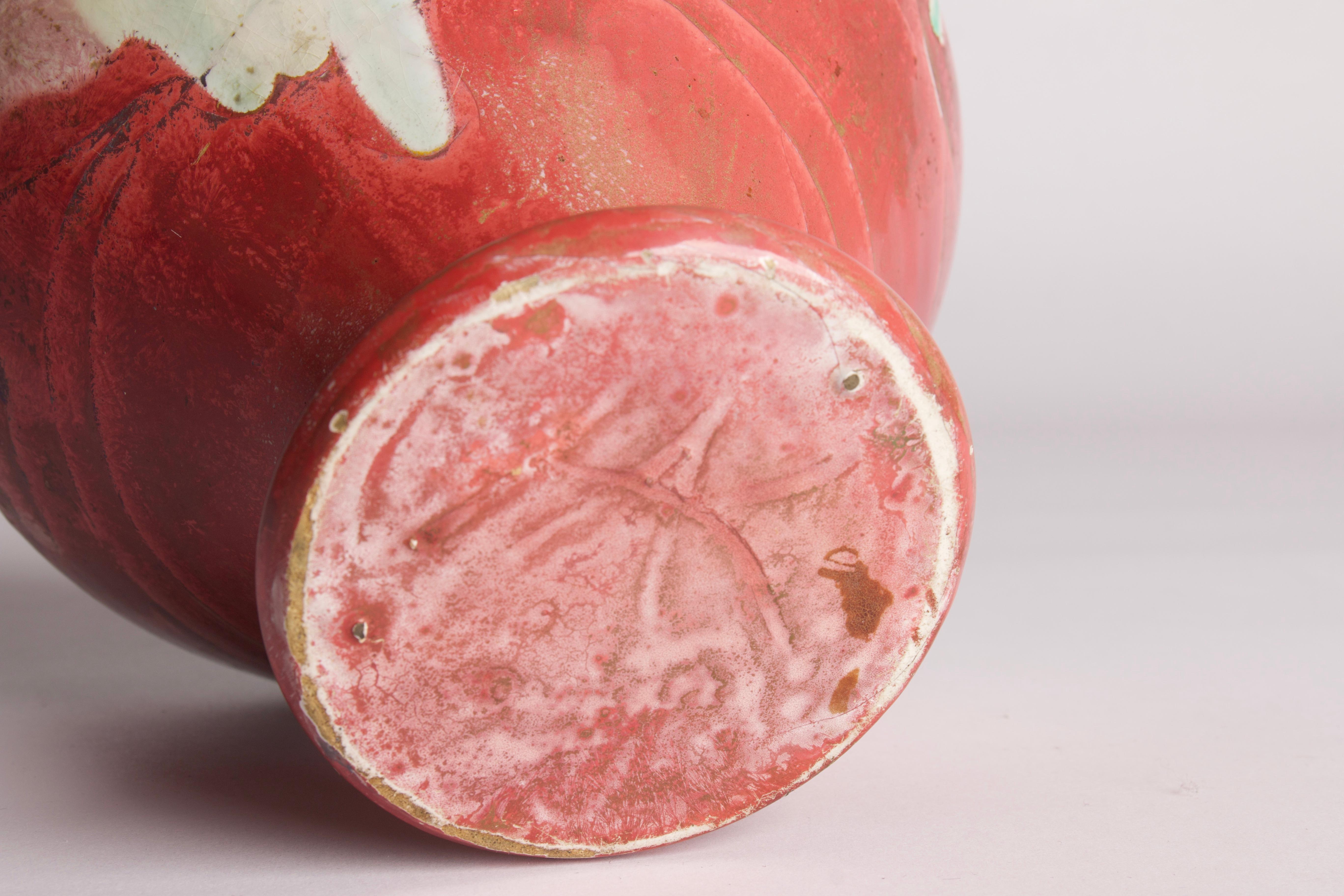 20th Century Danish earthenware vase decorated with green and red luster glaze For Sale