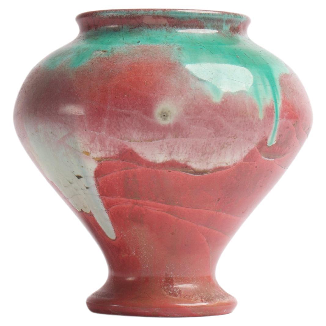 Danish earthenware vase decorated with green and red luster glaze For Sale