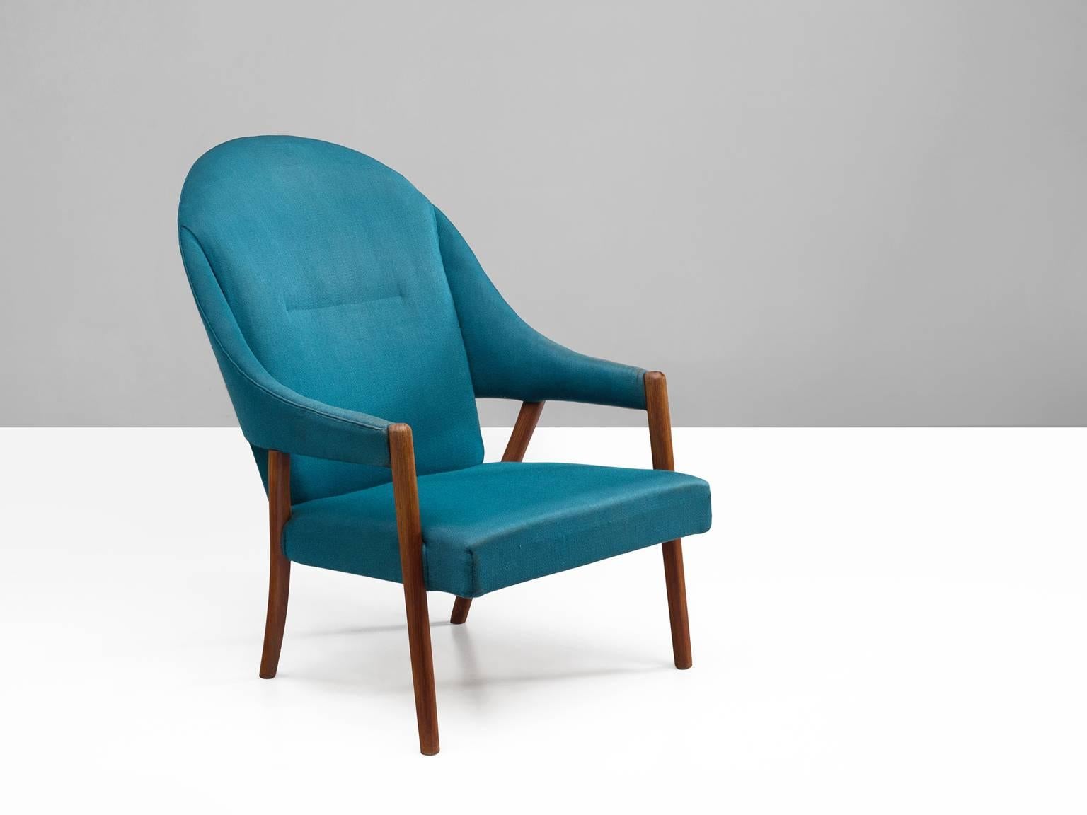 Danish Easy Chair in Blue Upholstery In Good Condition For Sale In Waalwijk, NL