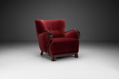 Danish Easy Chair in Dark Red Mohair and  Stained Beech Frame, Denmark ca 1940s