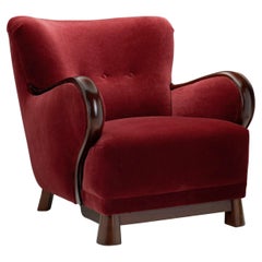 Danish Easy Chair in Dark Red Mohair and  Stained Beech Frame, Denmark ca 1940s