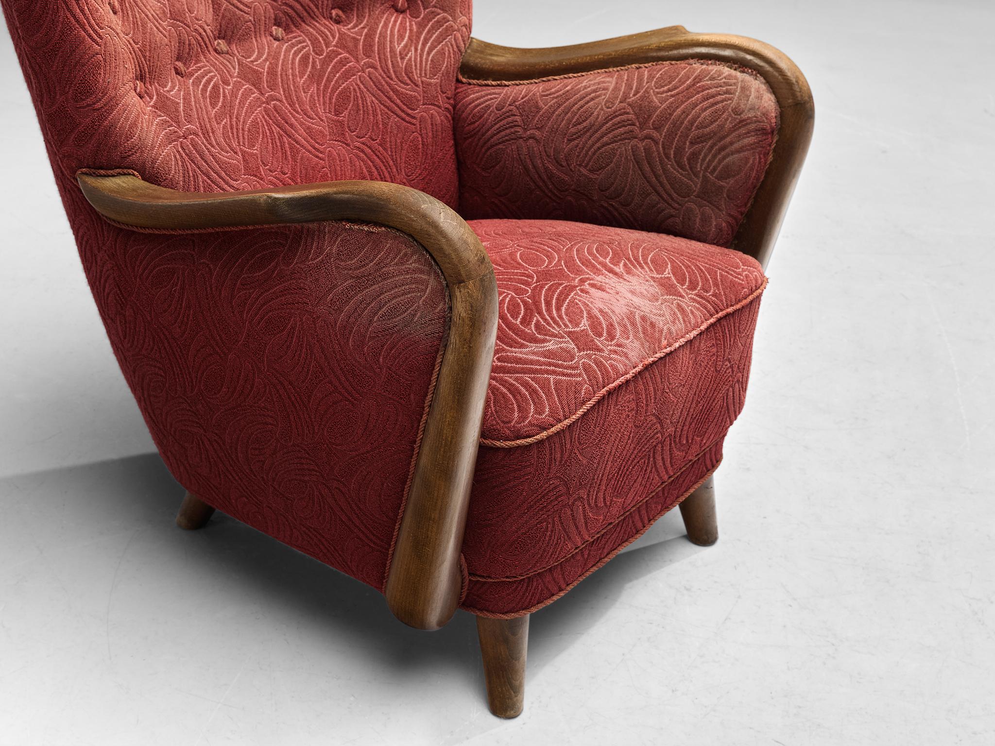 Mid-20th Century Danish Easy Chair in Red Original Upholstery