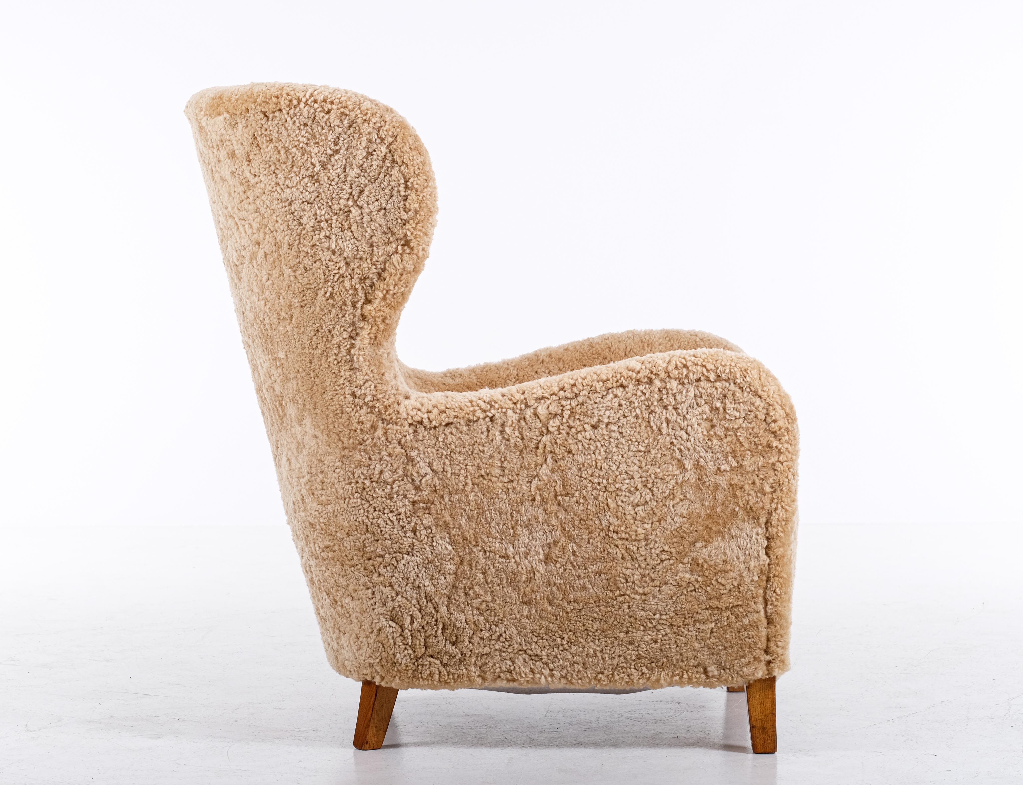 Danish Easy Chair in Sheepskin, 1940s For Sale 2