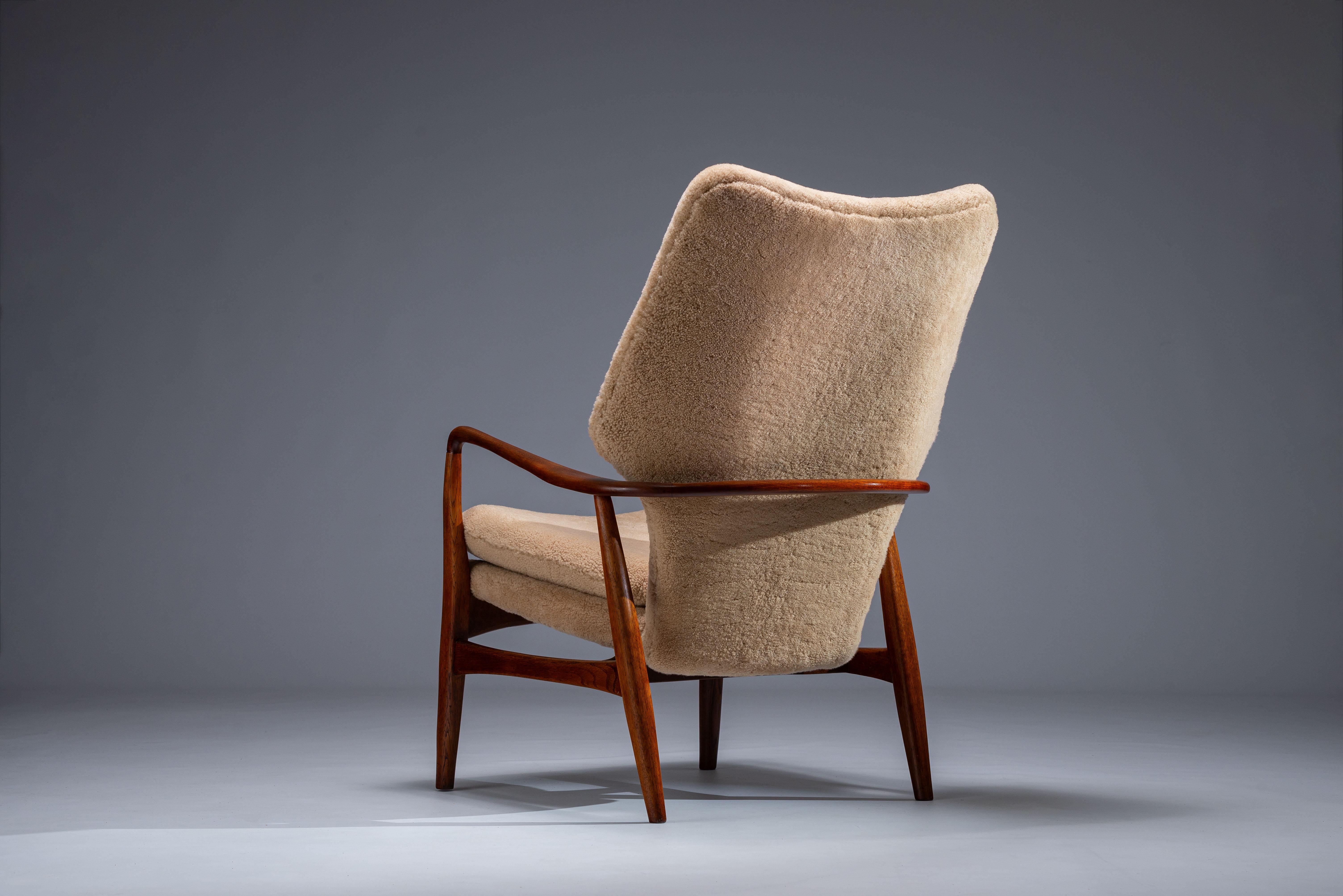 Danés  Butaca de piel de oveja de Madsen & Schubell Mod. MS-6 , Dinamarca Años 50 mediados del siglo XX en venta