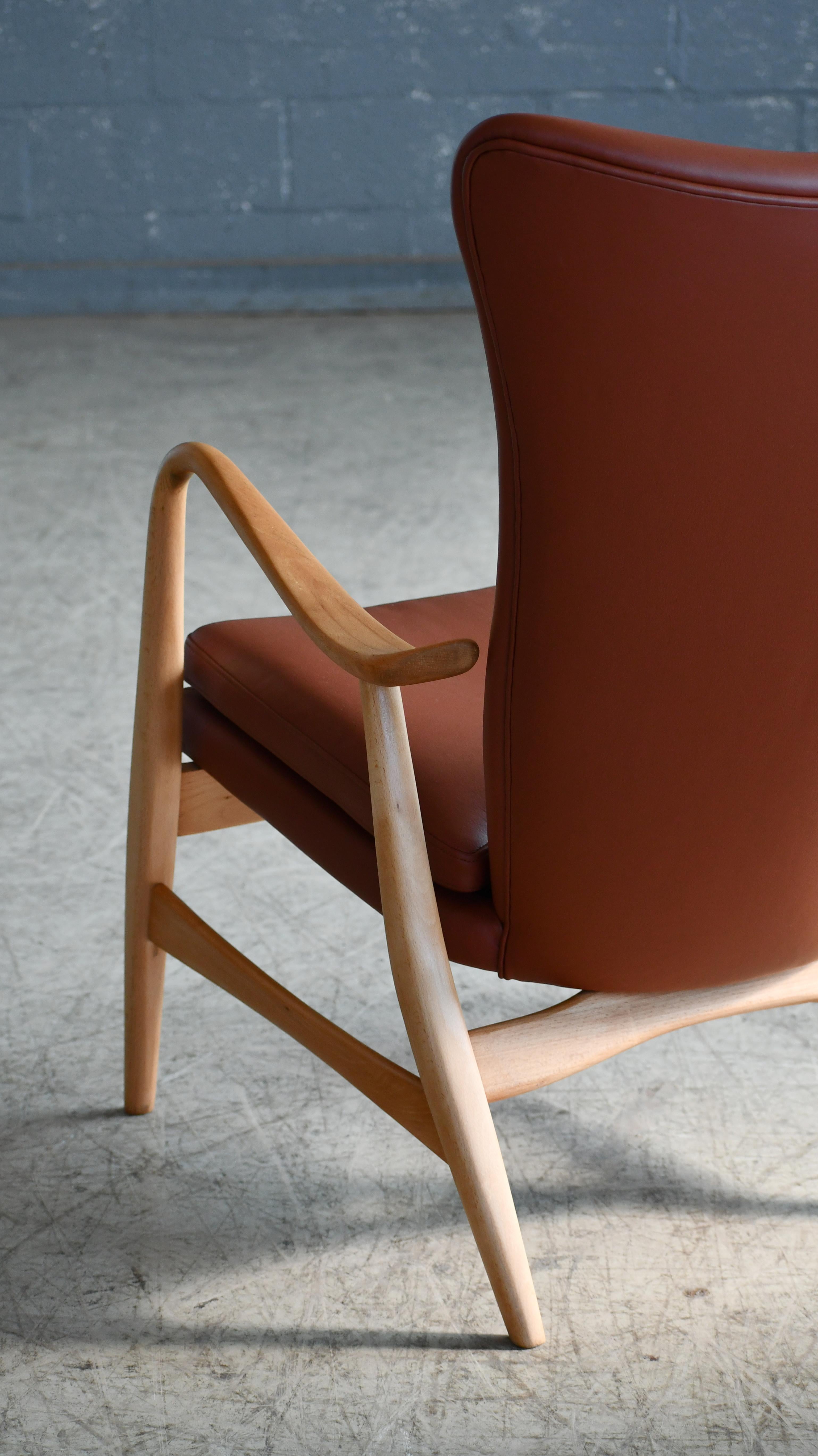 Danish Easy chair with Beech Frame Reupholstered in a Light Brown Leather, 1950s For Sale 1