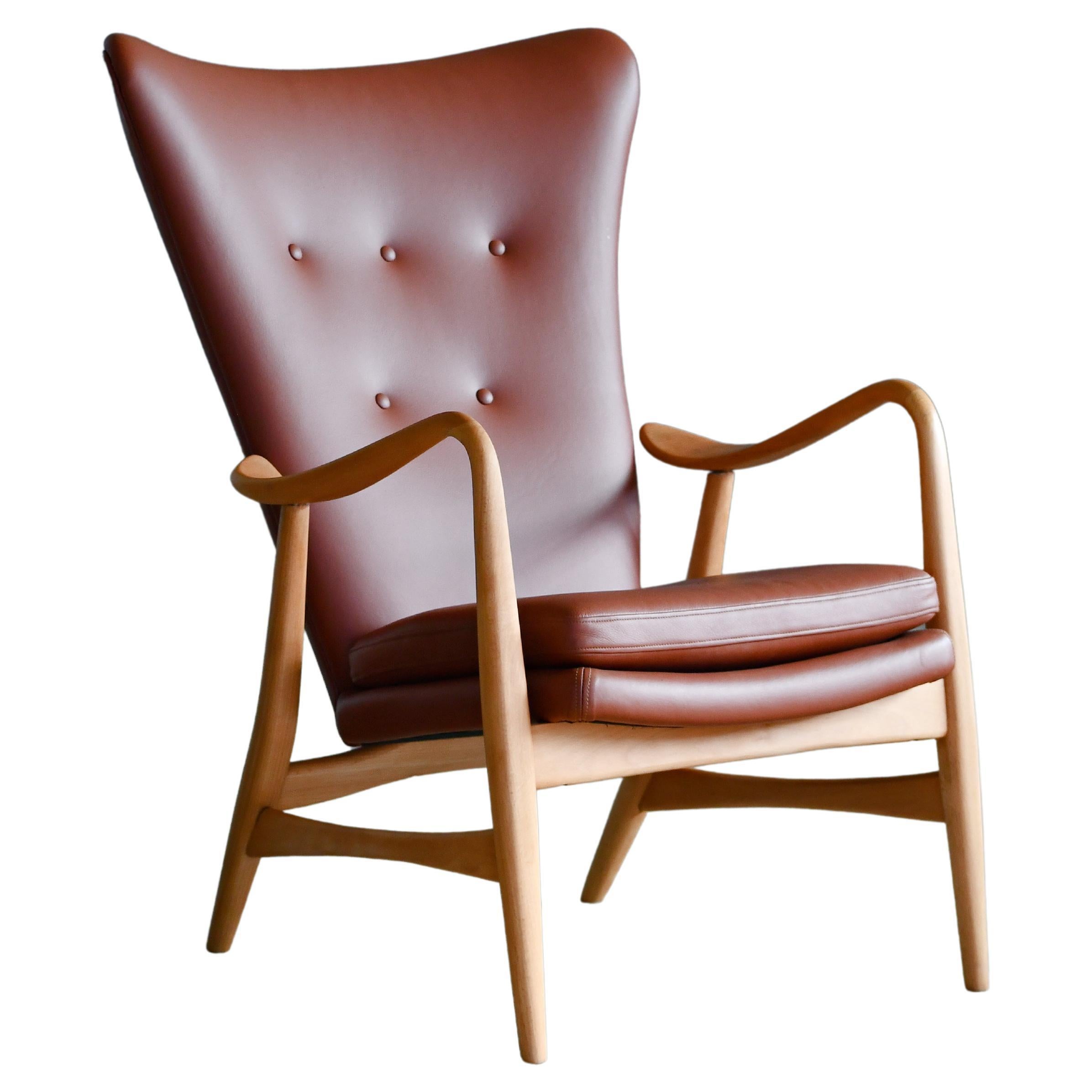 Danish Easy chair with Beech Frame Reupholstered in a Light Brown Leather, 1950s For Sale