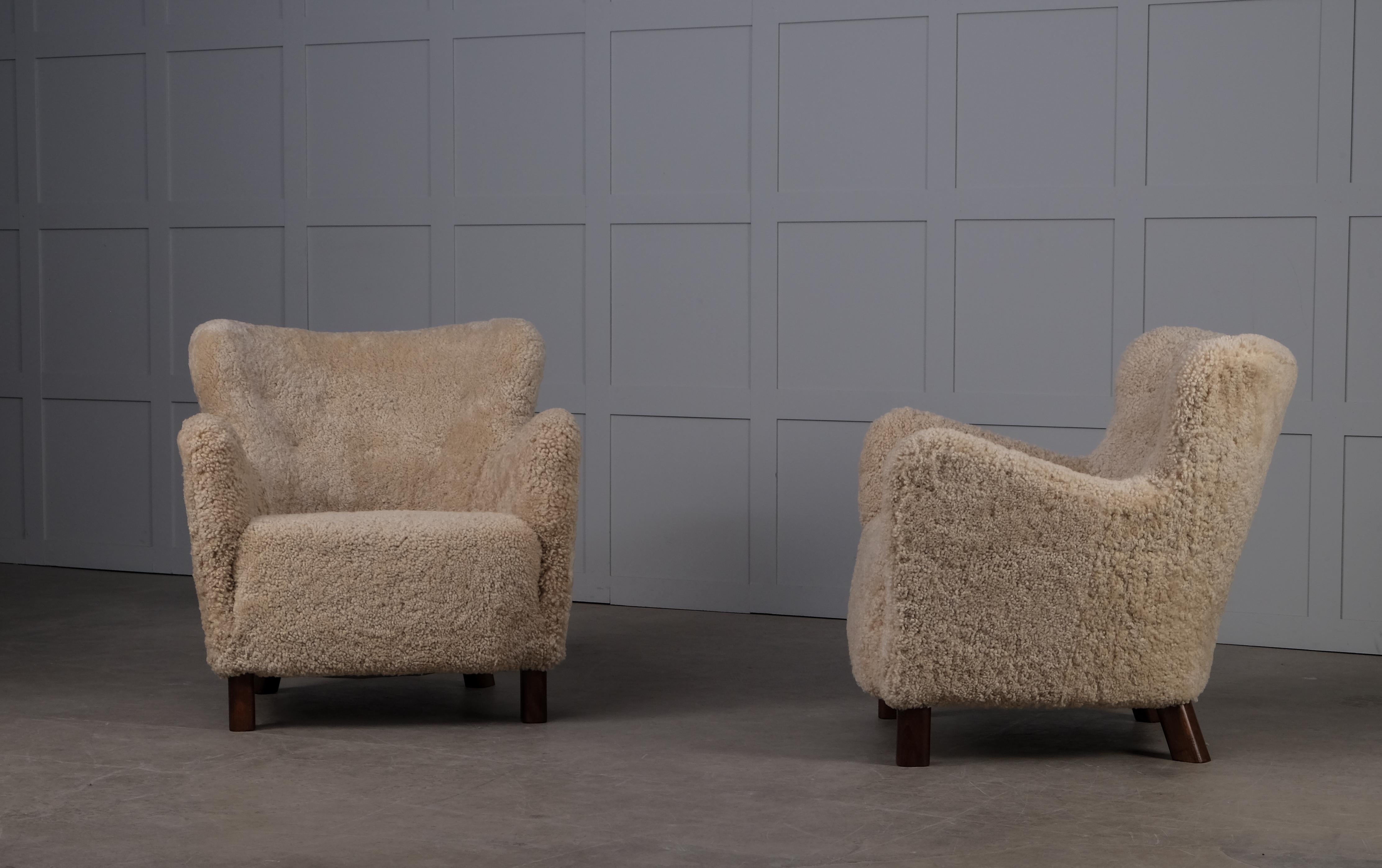 Danish Easy Chairs in Sheepskin, 1940s 3