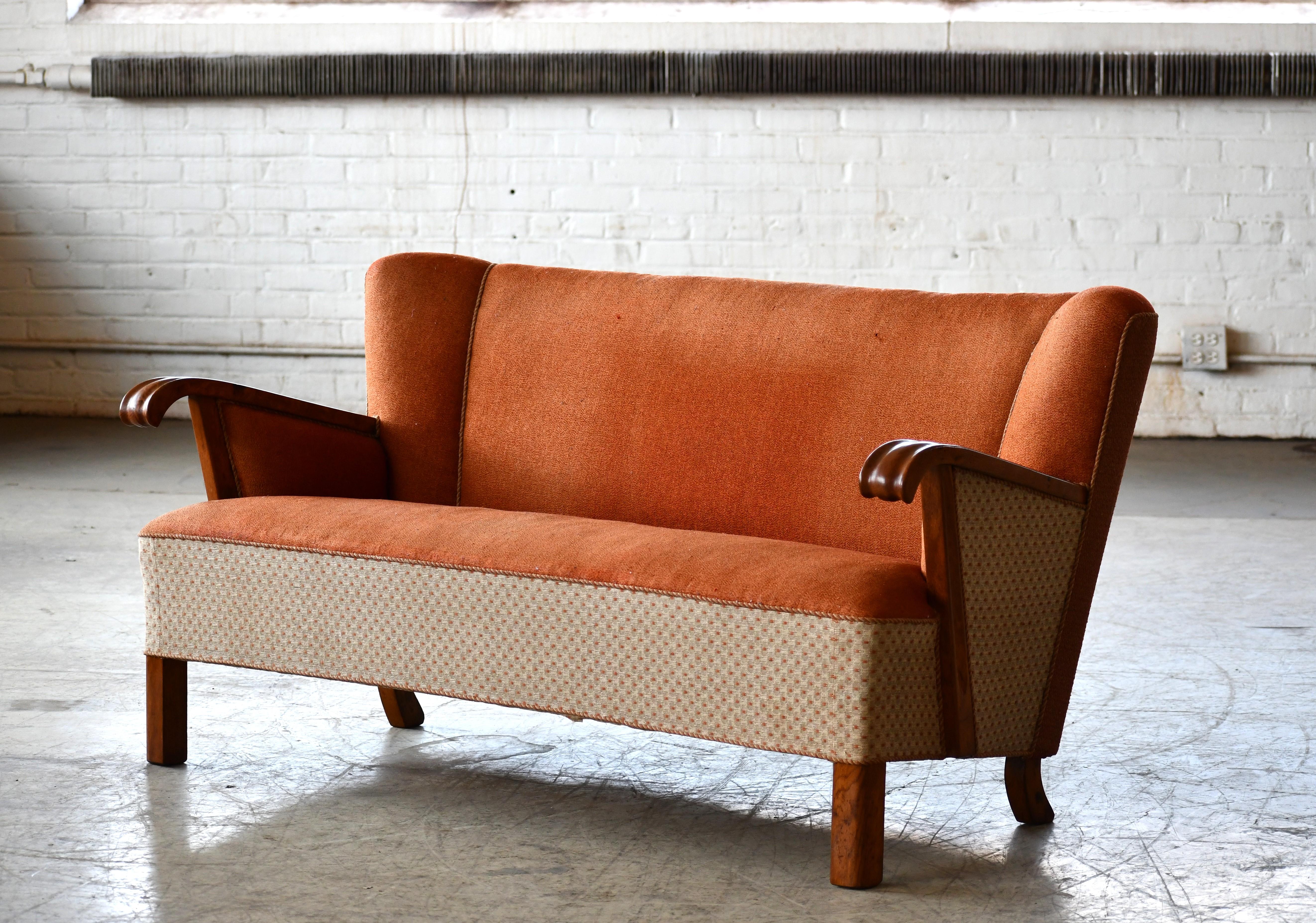 Mid-20th Century Danish Easy Settee with Oak Armrests, 1940s attributed to Slagelse Mobelvaerk