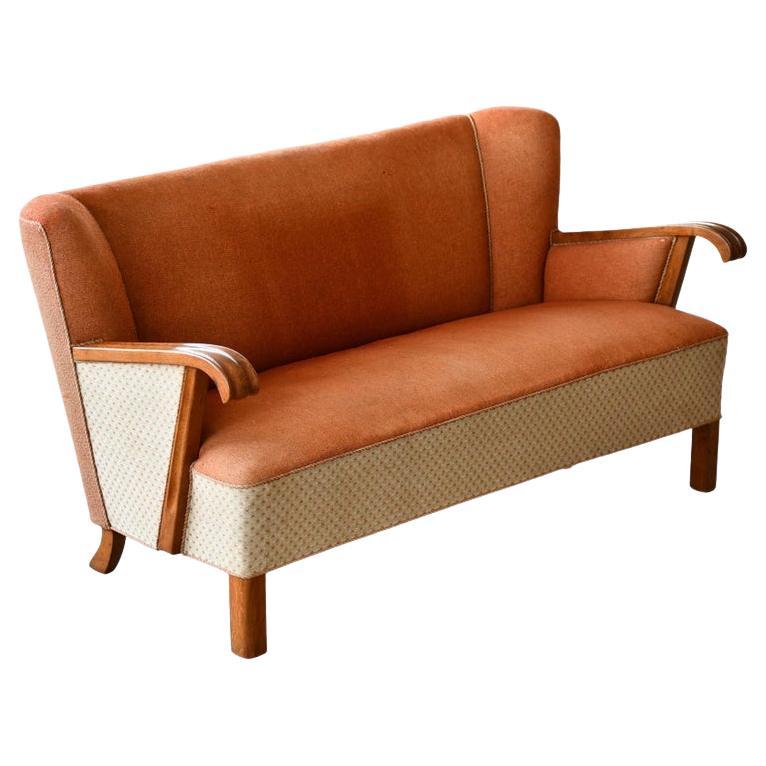 Danish Easy Settee with Oak Armrests, 1940s attributed to Slagelse Mobelvaerk