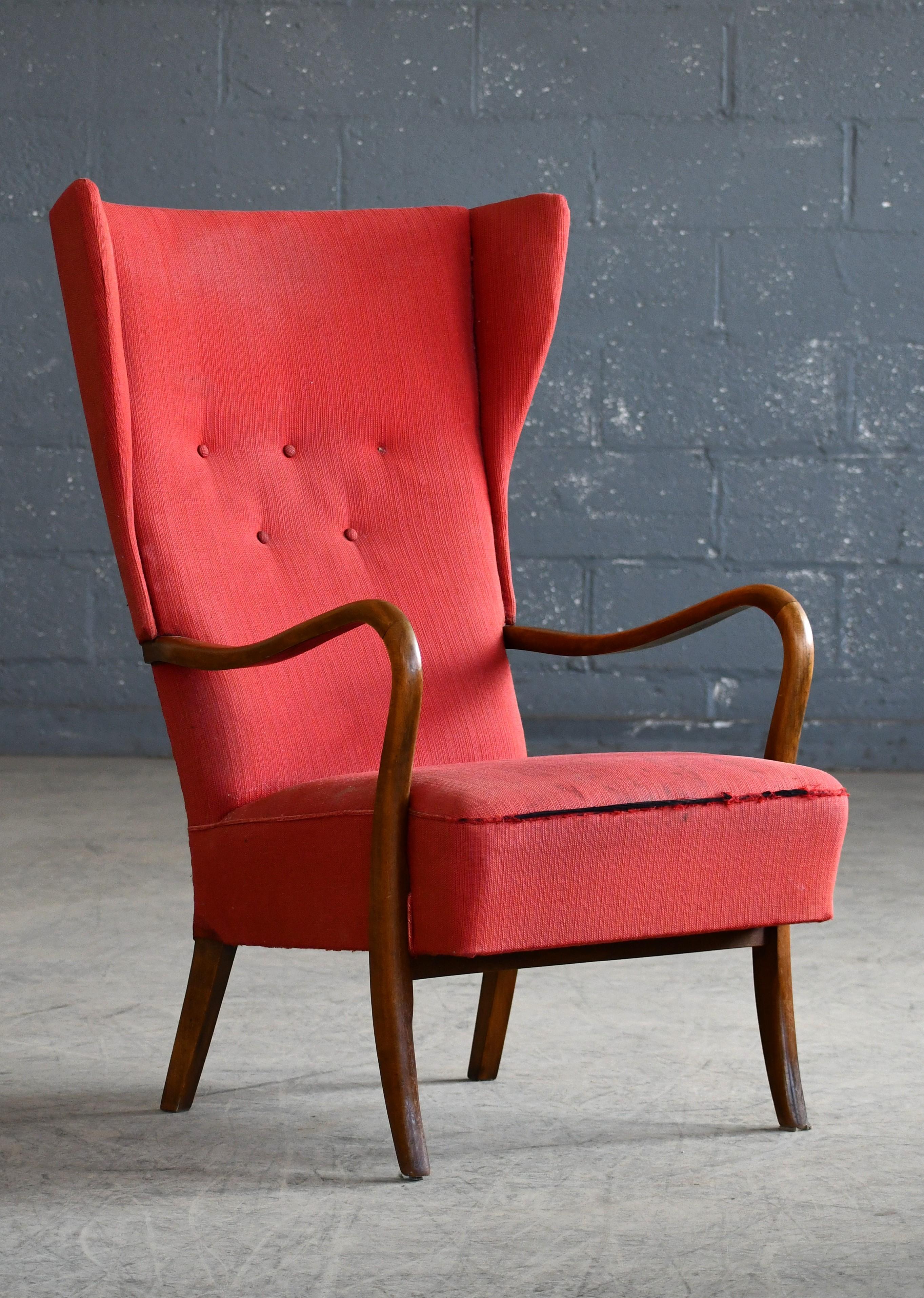 Mid-Century Modern Danish Easy Wingback Chair with Open Armrests by Alfred Christensen, 1940's For Sale
