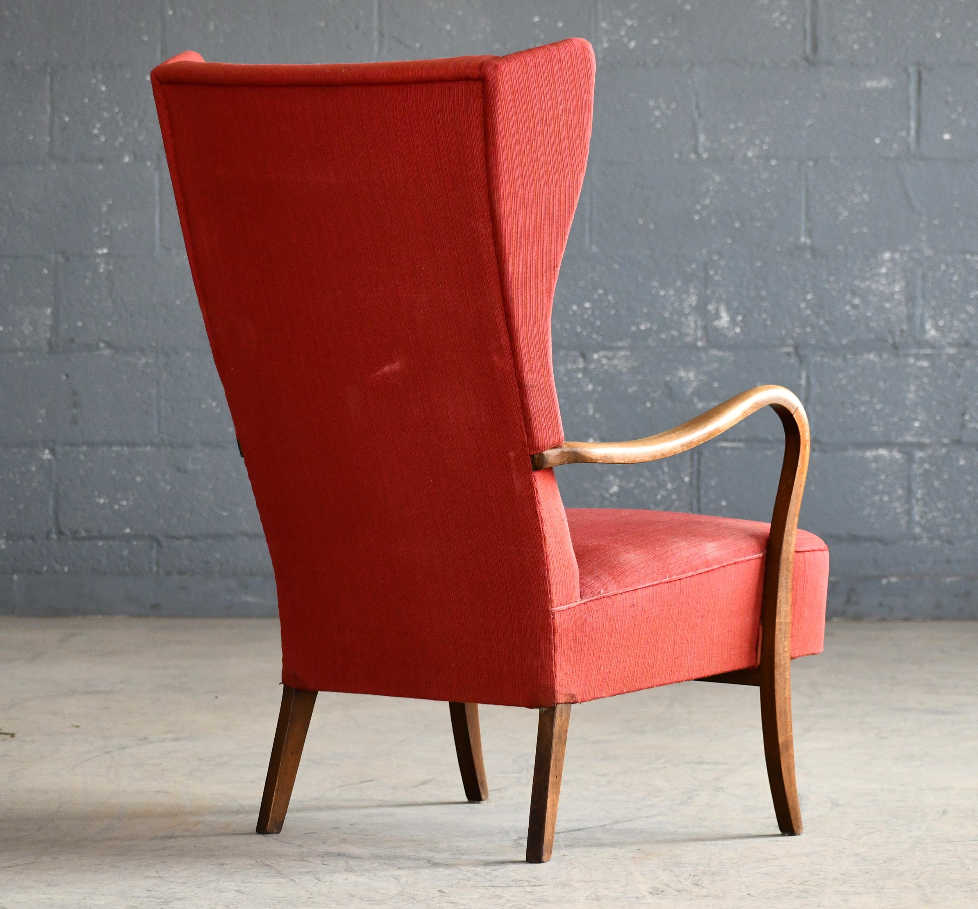 Mid-20th Century Danish Easy Wingback Chair with Open Armrests by Alfred Christensen, 1940's For Sale