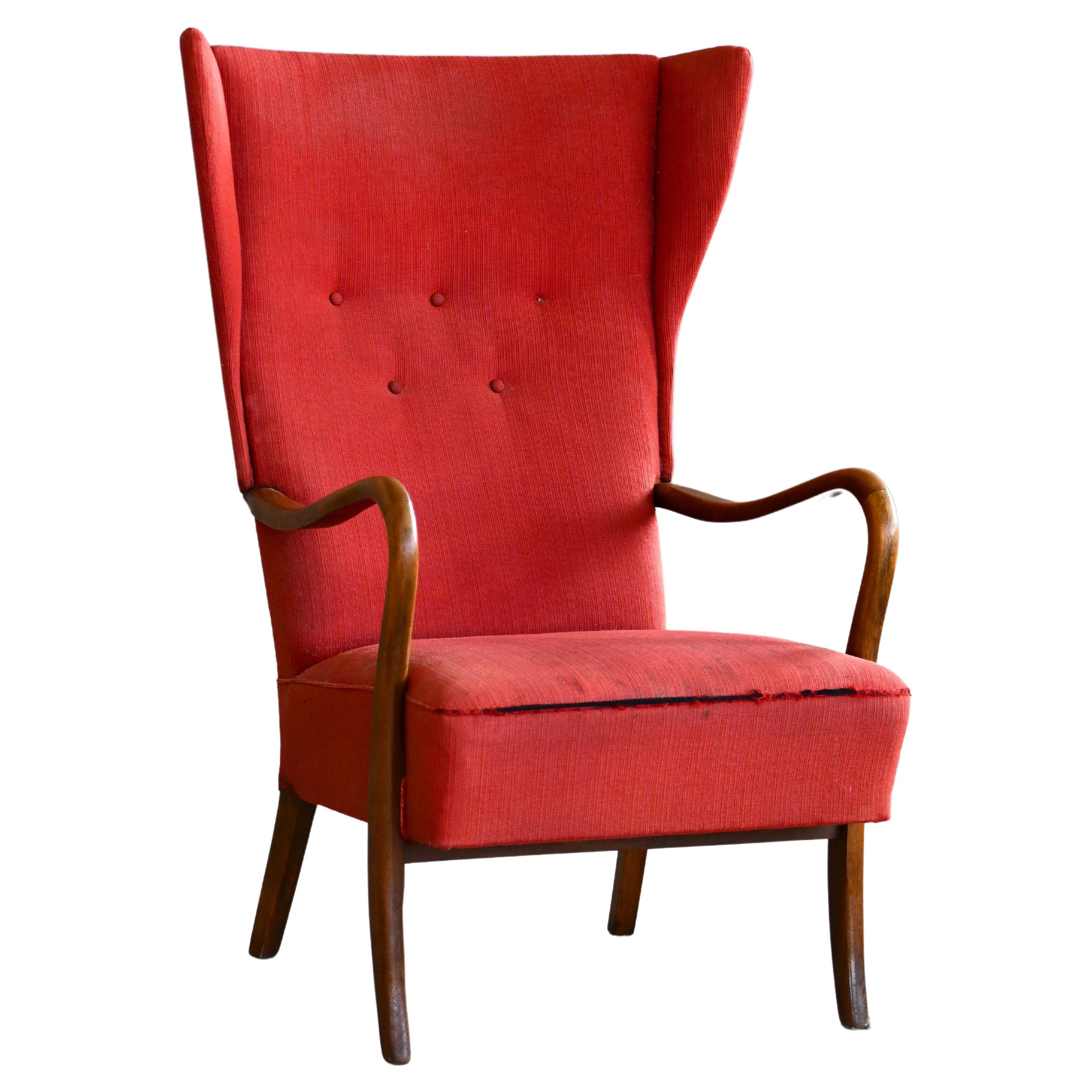 Danish Easy Wingback Chair with Open Armrests by Alfred Christensen, 1940's For Sale