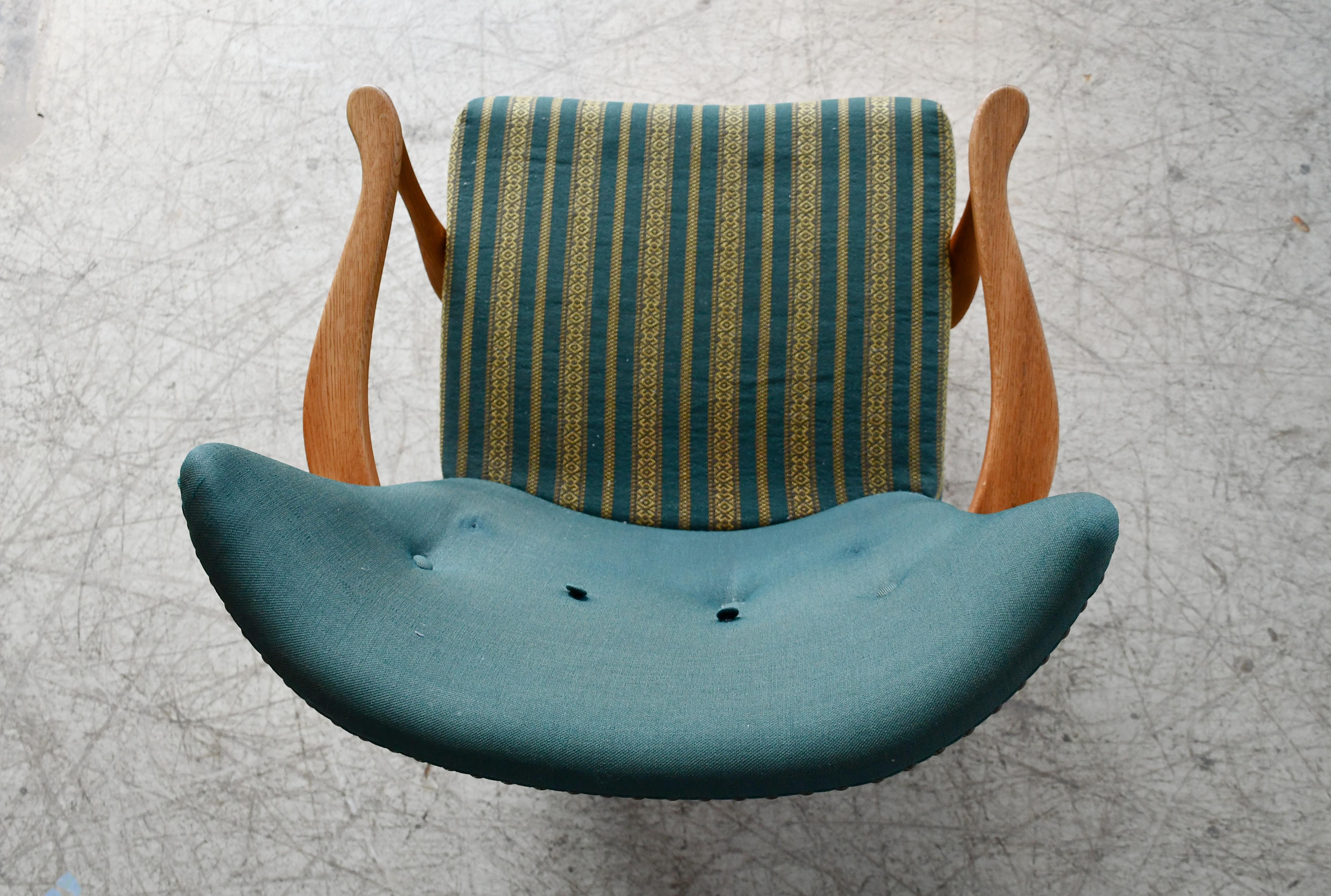 Danish Easy with Carved Oak Base and Armrests attributed to Henning Kjærnulf For Sale 2