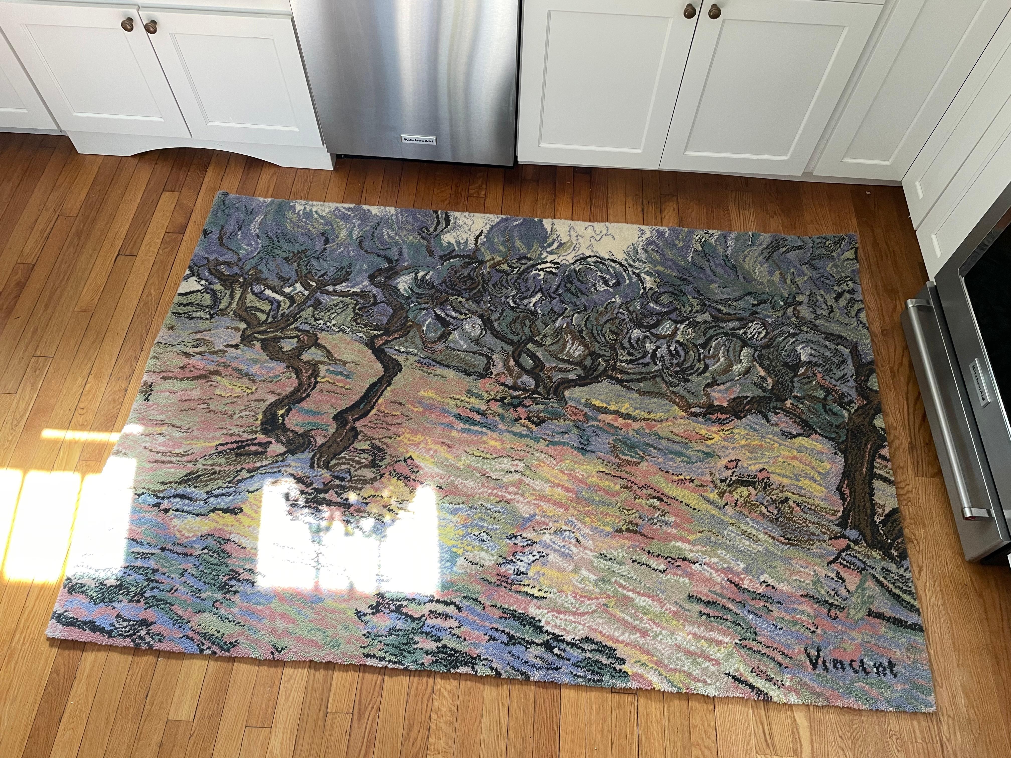 Beautiful and rare EGE Art Line rug. Vincent Van Gogh Olive Trees. Design No. 80583, no. 77
1995.
Made in Denmark.
Currently set up as a tapestry but could easily take off for floor use. Rug was out of an estate where is was hanging on the