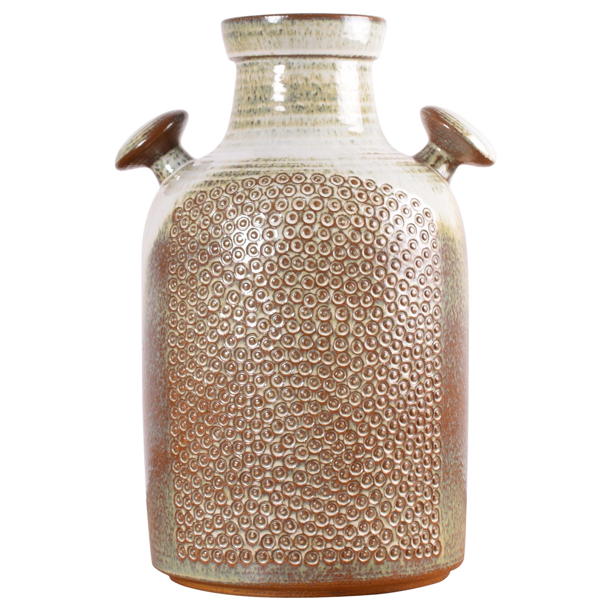Vase de sol danois en céramique Einar Johansen pour Sholm décoré de pois bruns beiges, années 1960