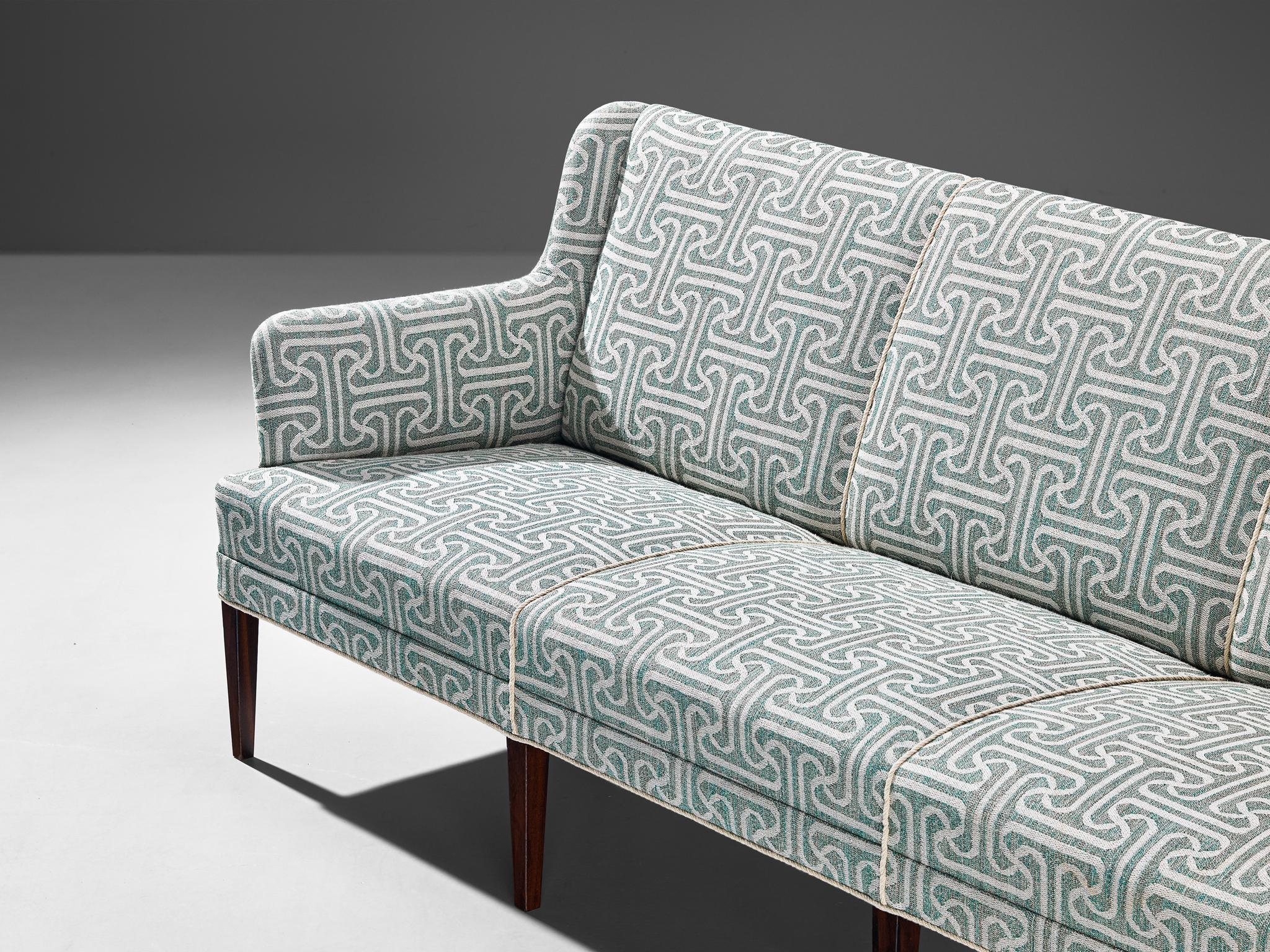 Fabric Elegant Danish Sofa in Light Blue Patterned Upholstery For Sale