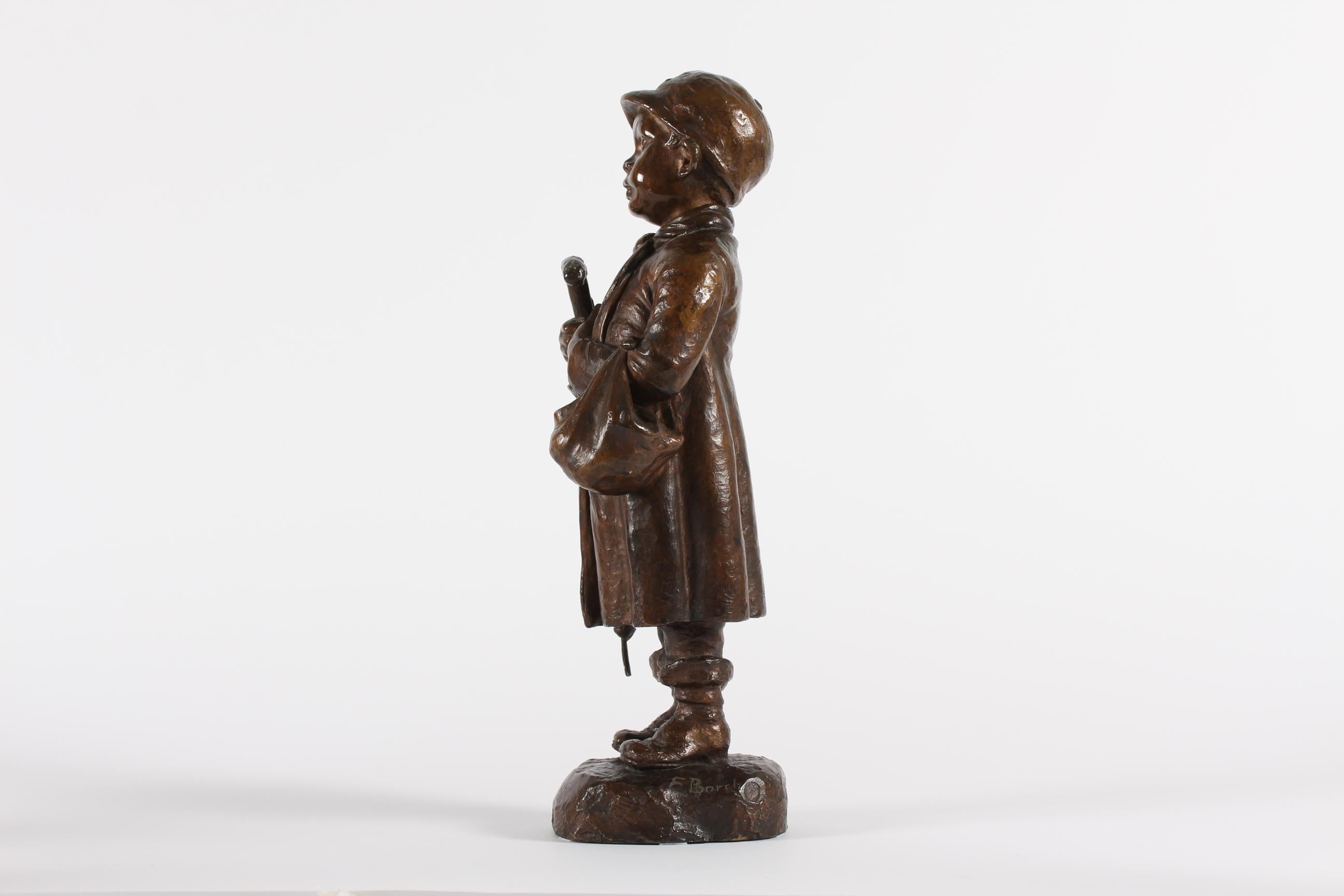 Danois Grande figurine danoise en bronze d'Elna Borch représentant un jeune garçon avec un Umbrella 1950s en vente