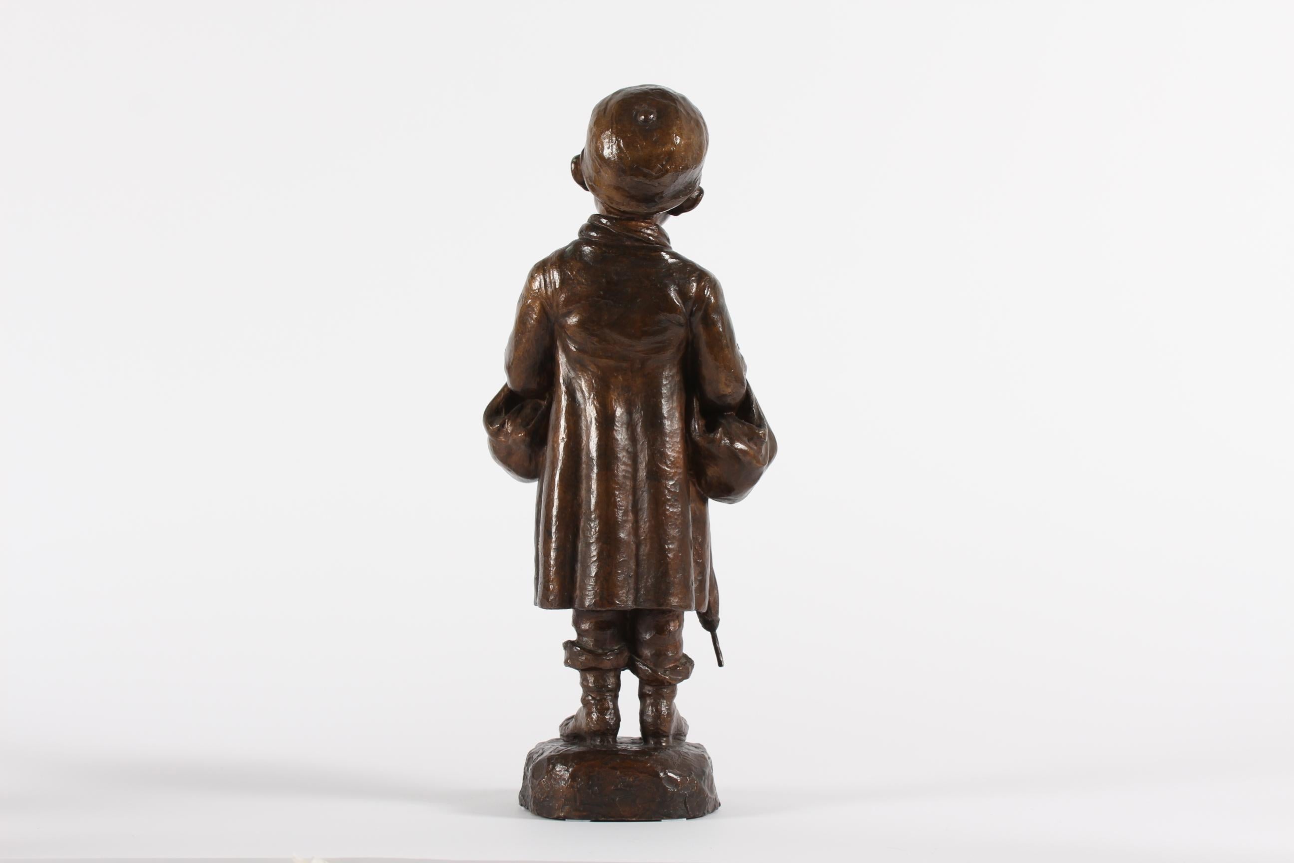 Mid-20th Century Danish Elna Borch Large Bronze Figurine of a Young Boy with Umbrella 1950s For Sale