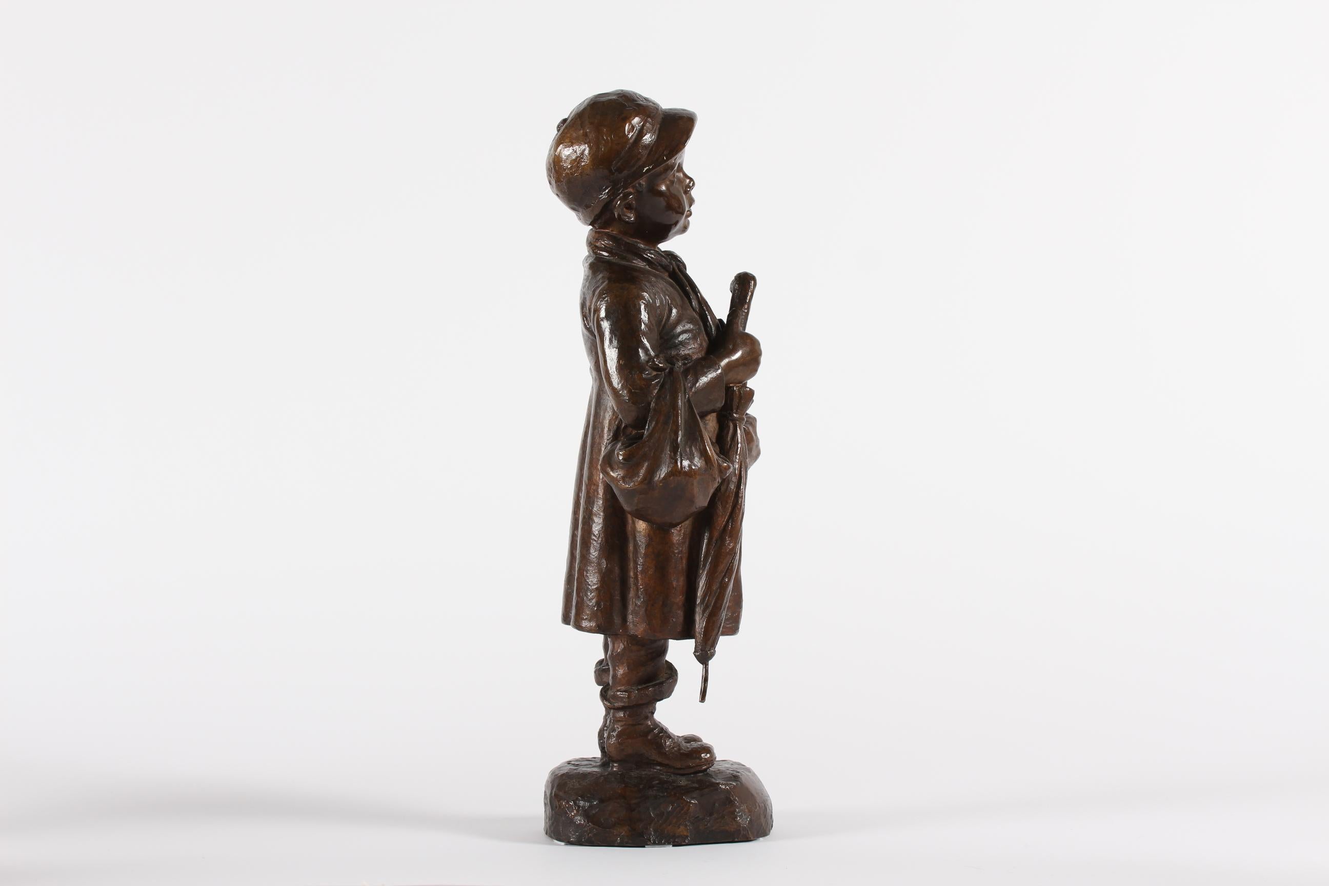 Danish Elna Borch Large Bronze Figurine of a Young Boy with Umbrella 1950s For Sale 1