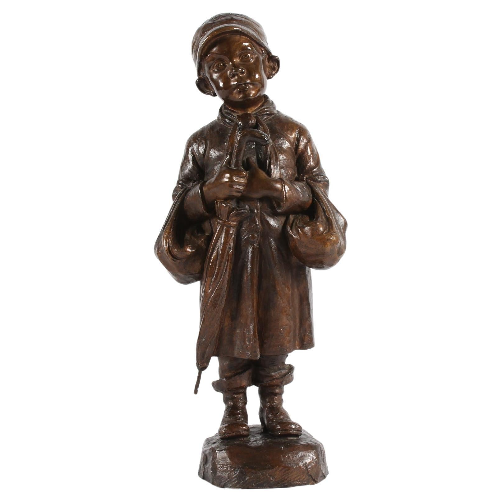 Grande figurine danoise en bronze d'Elna Borch représentant un jeune garçon avec un Umbrella 1950s en vente