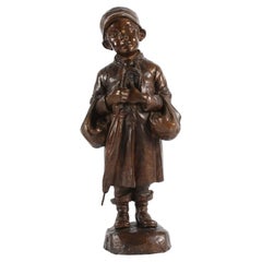 Grande figurine danoise en bronze d'Elna Borch représentant un jeune garçon avec un Umbrella 1950s
