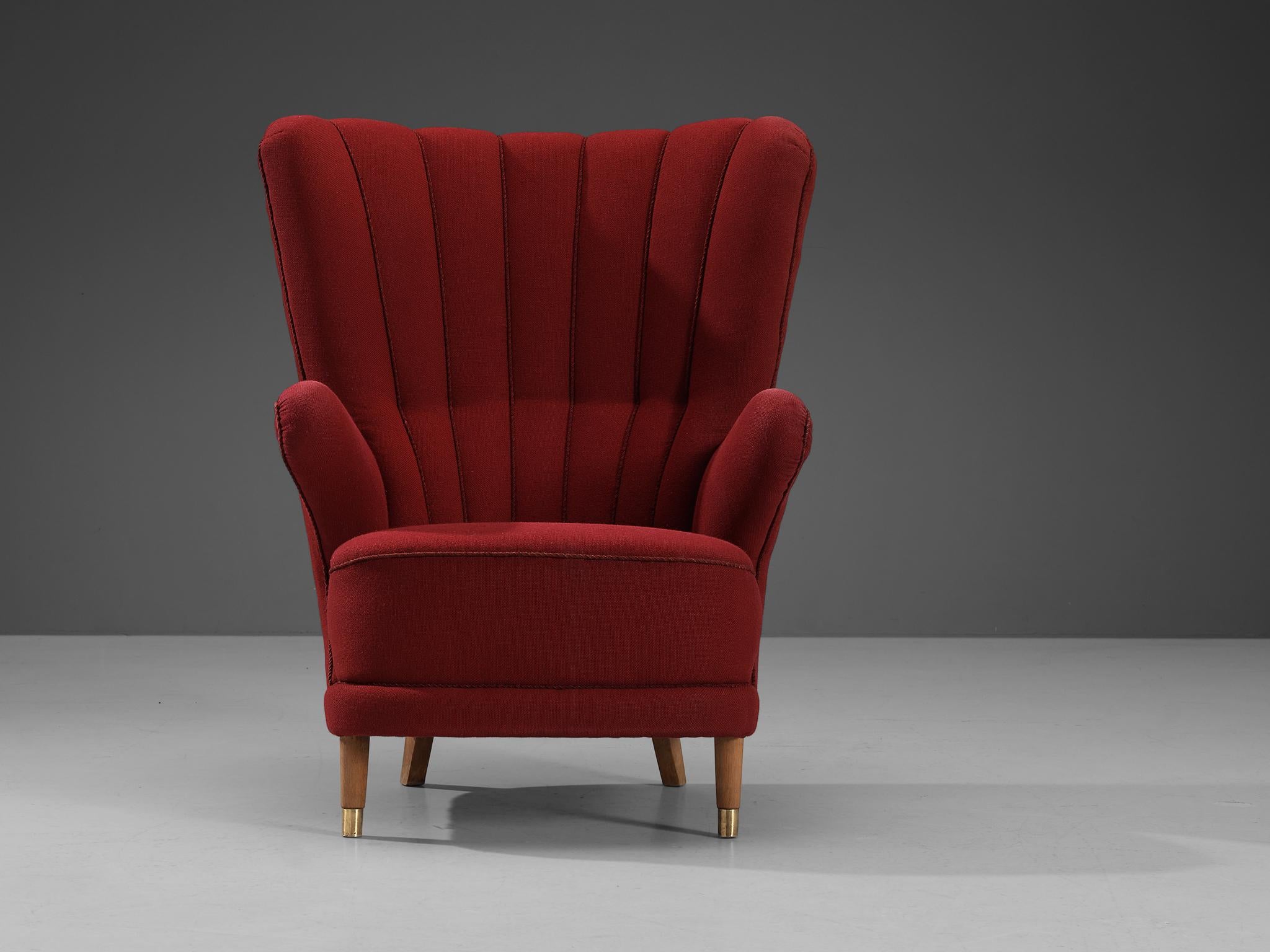 Brass Danish Lounge Chair in Red Upholstery For Sale