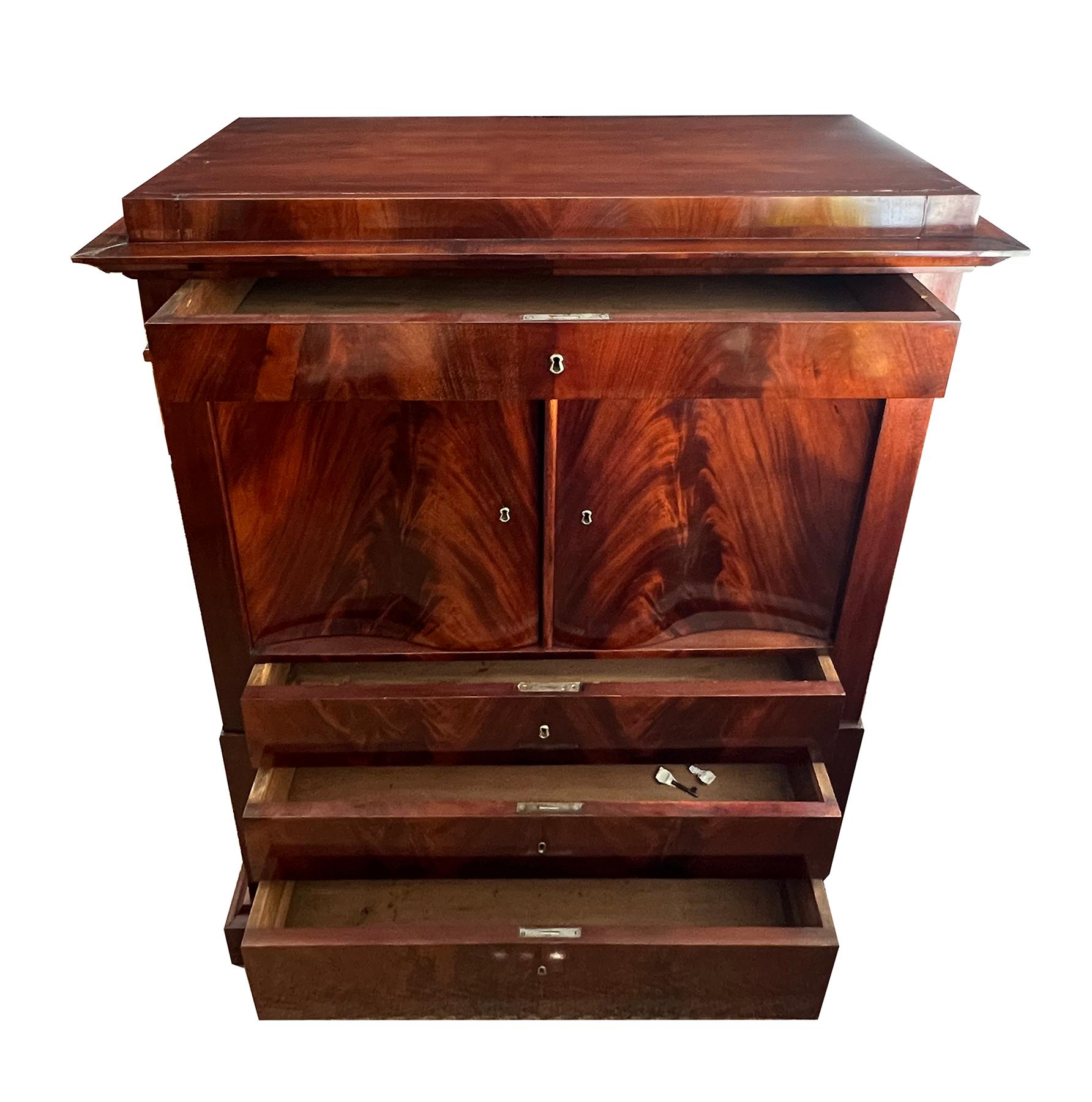 Danish Empire Tall Chest of Drawers in Book-Matched Flame Mahogany Veneer In Good Condition For Sale In San Francisco, CA