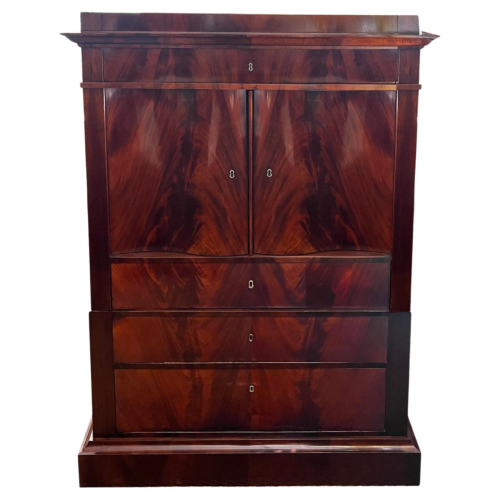 Danish Empire Tall Chest of Drawers in Book-Matched Flame Mahogany Veneer