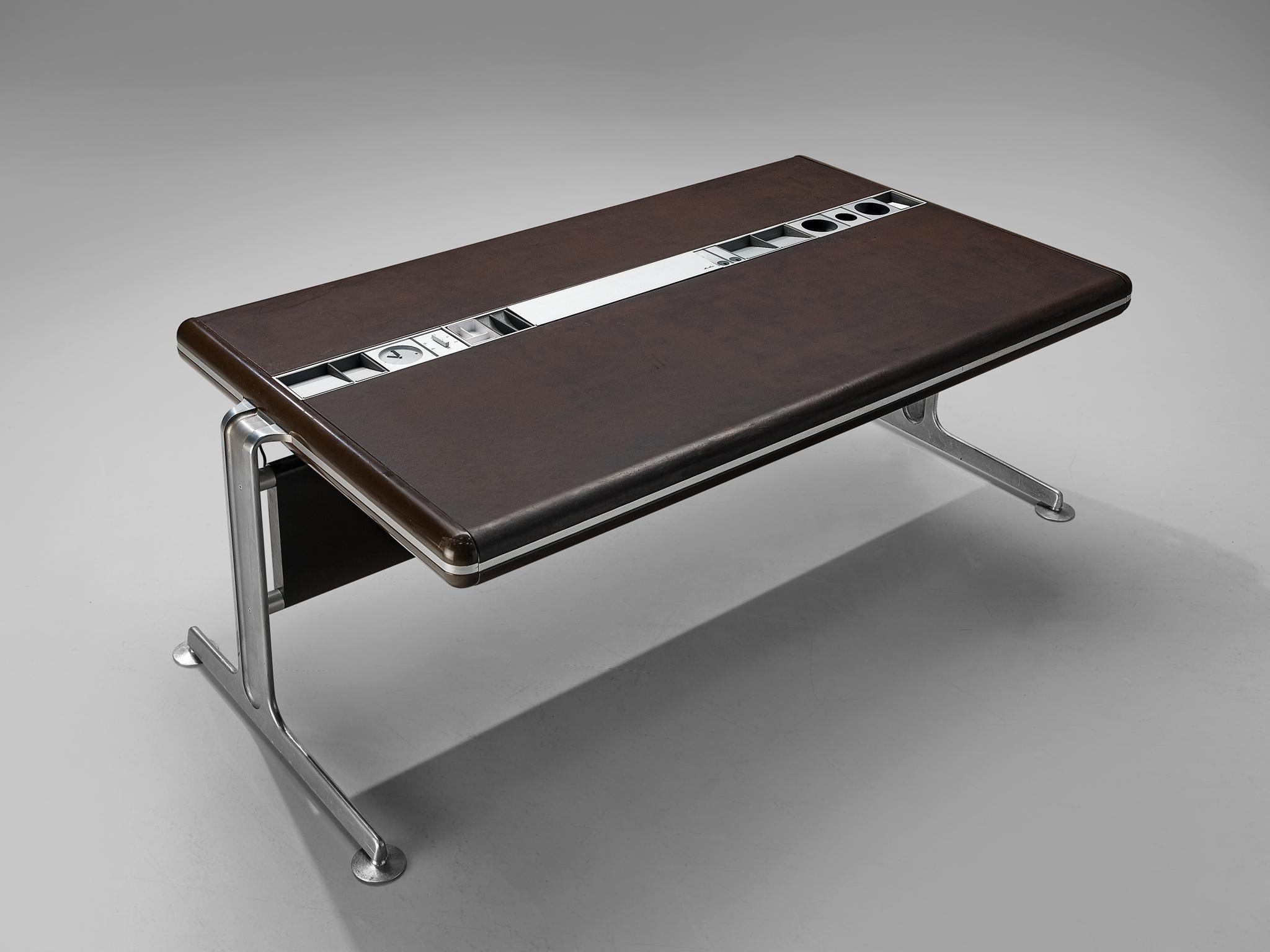 Alex Linder desk, leather, aluminum, Denmark, 1970s

This executive desk was designed by the Danish designer Alex Linder, who was not widely known. Nevertheless he made some wonderful designs in the 1970s, for example this desk. Executed in a